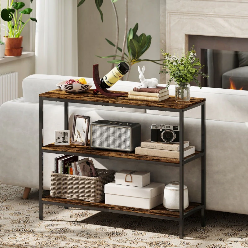 Console Table with 3-tier Shelf, Chipboard and Metal, Light Brown - Image 7