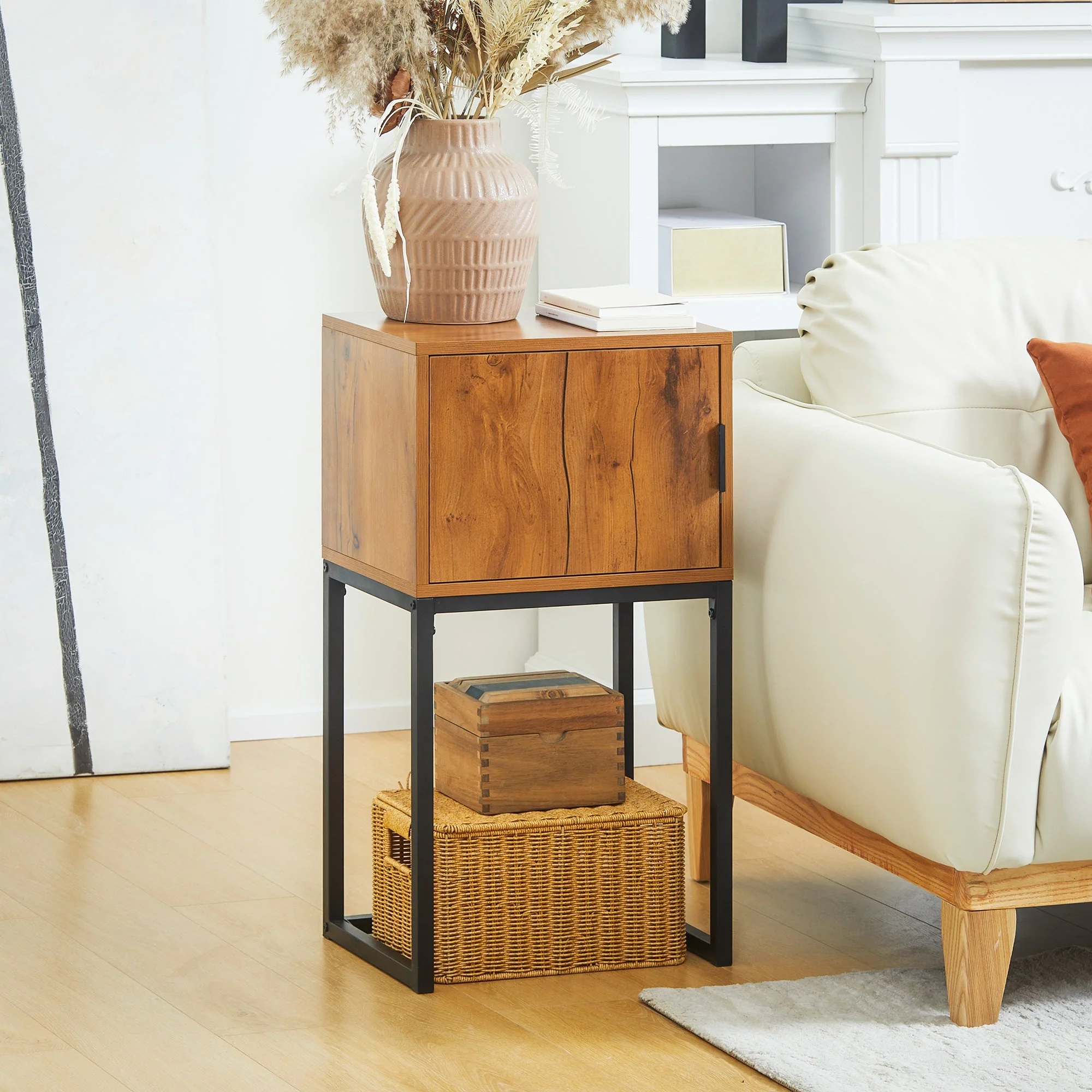 Console Table with Cabinet, Industrial Design, Natural Steel