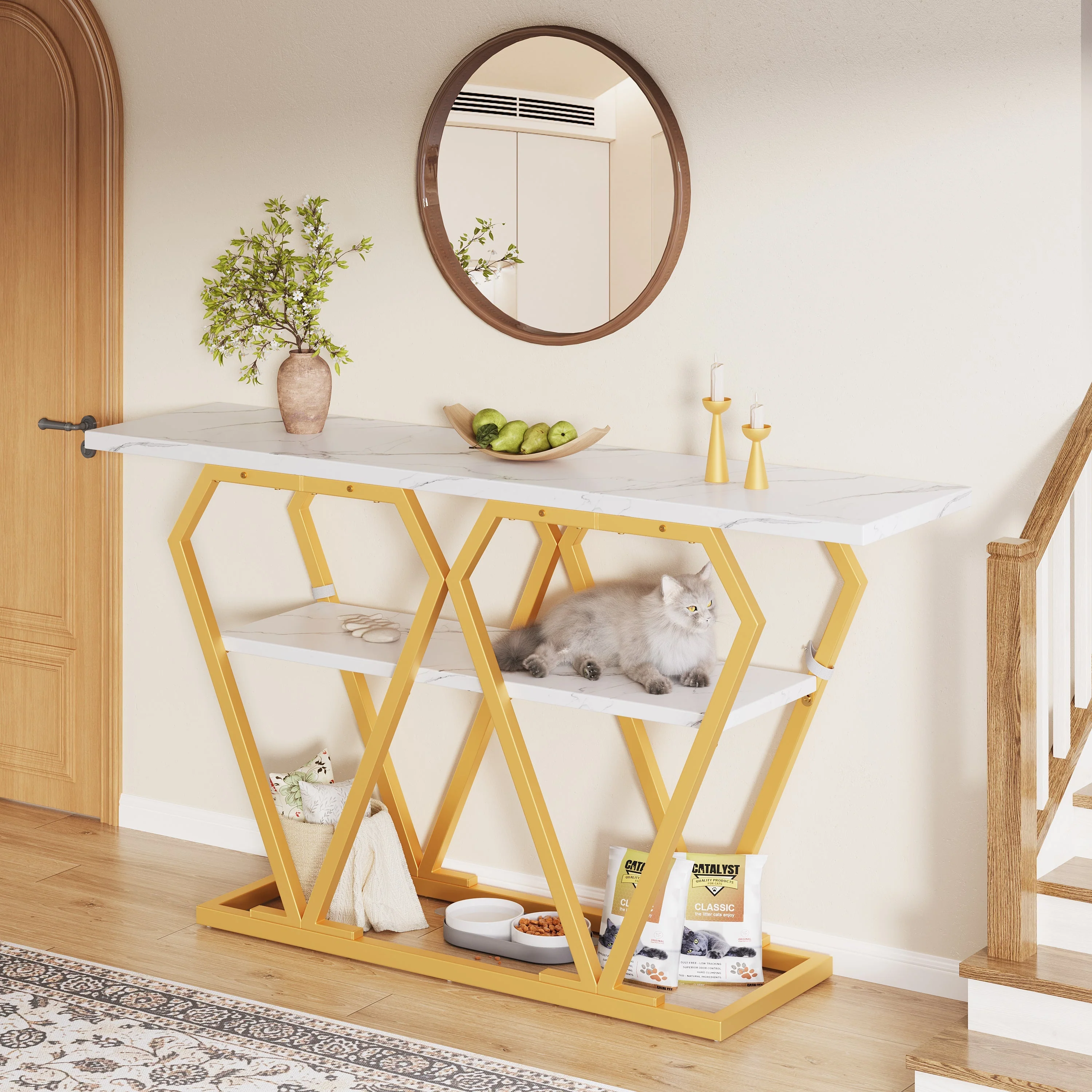 Console Table with Integrated Storage and Metal Legs, White Marble Look - Image 2
