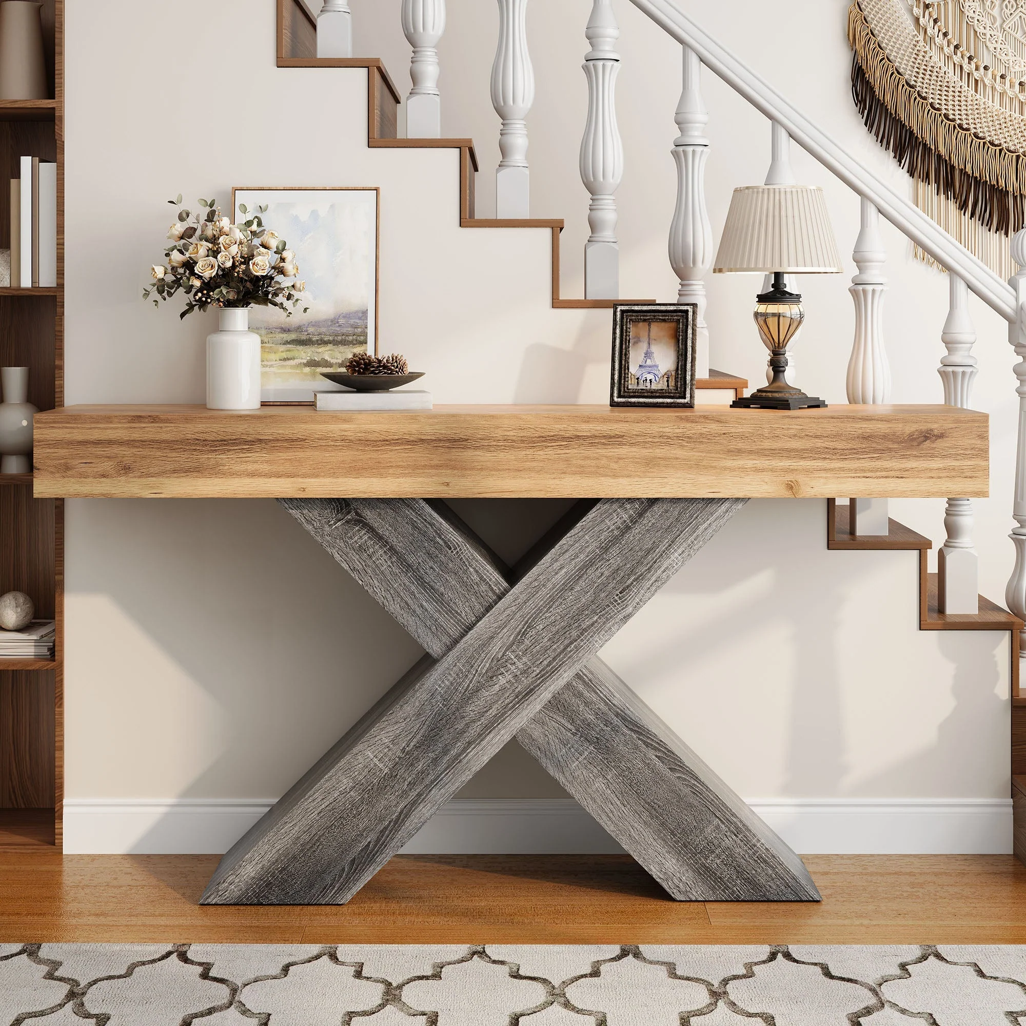 Console Table with X-shaped Legs, Narrow Design for Hallway and Living Room, Wood Look Chipboard - Image 6