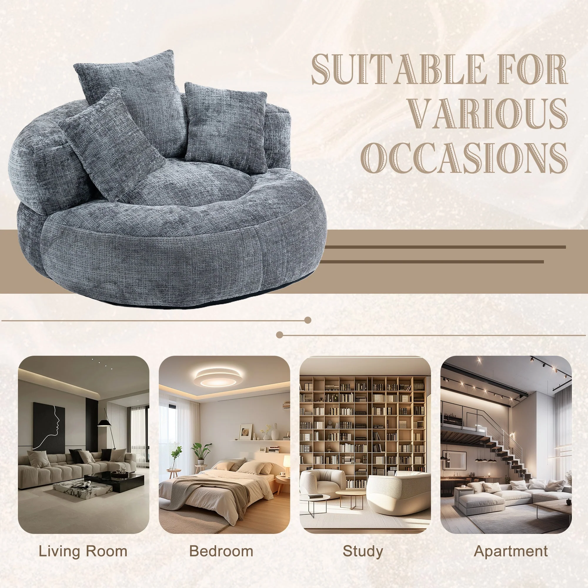 COOLMORE Lazy Sofa Durable Comfort Lounger High Back Bean Bag Chair Couch with Three Pillows, Gray Chenille - Image 5