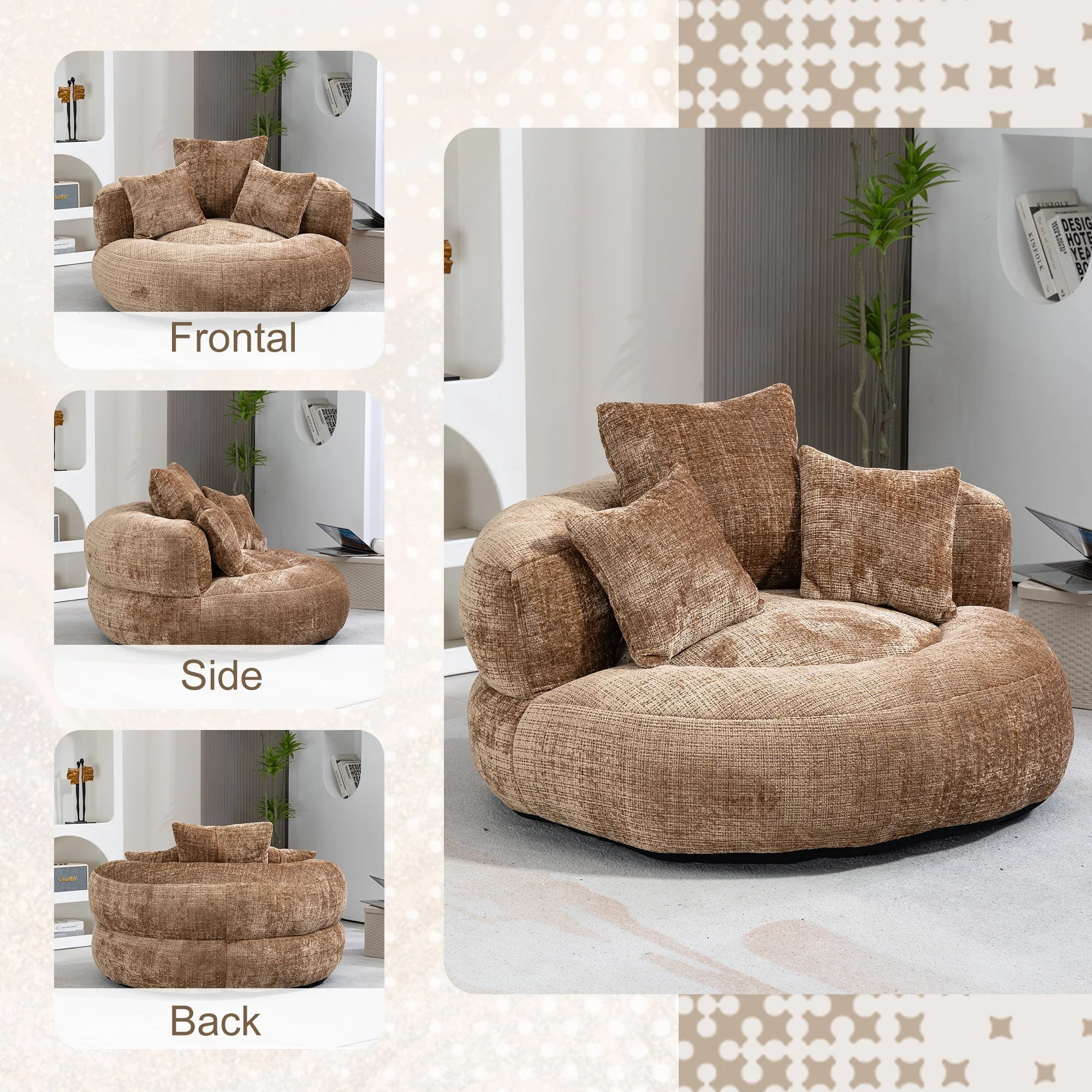 COOLMORE Lazy Sofa, Durable Comfort Lounger with Three Pillows, Coffee Chenille - Image 2