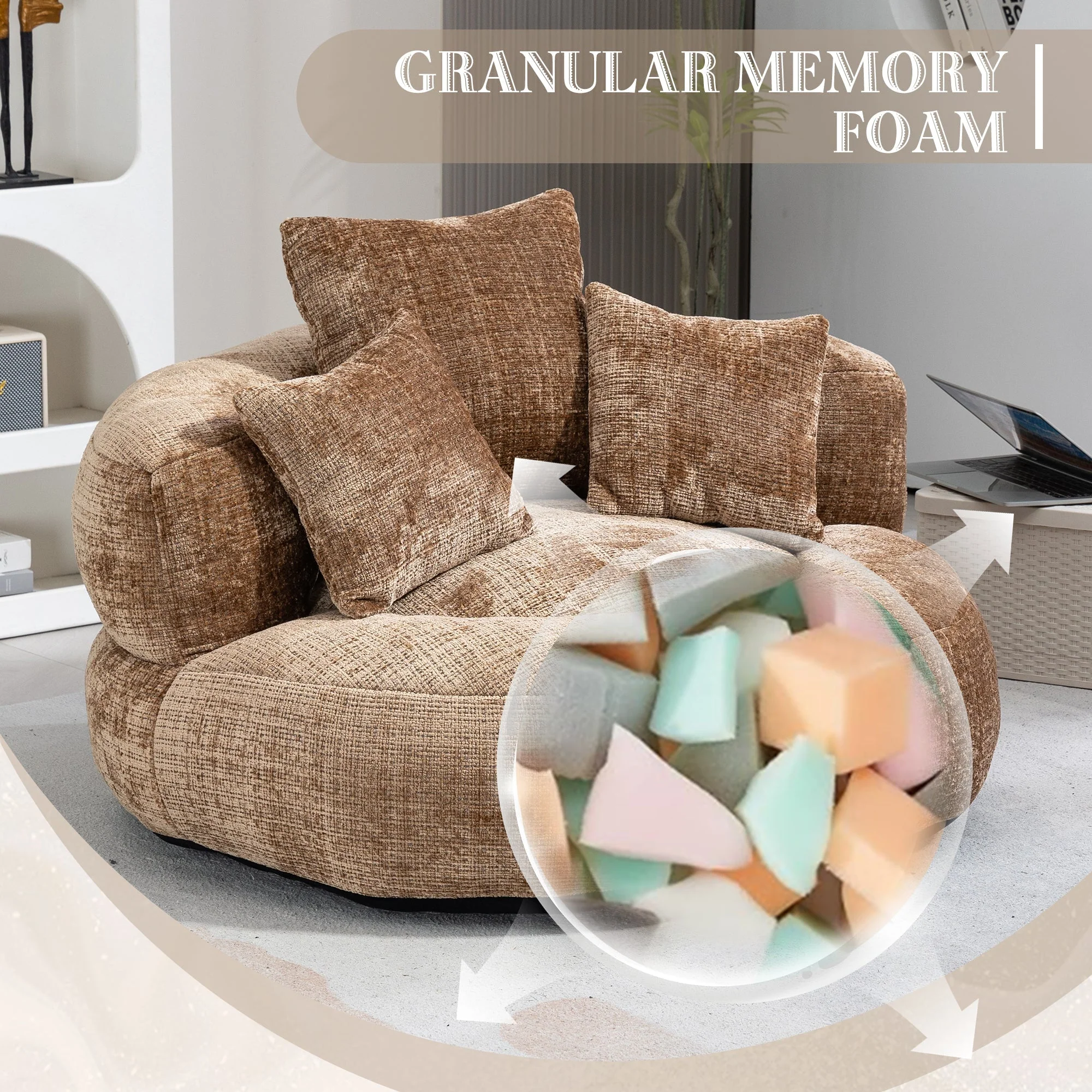 COOLMORE Lazy Sofa, Durable Comfort Lounger with Three Pillows, Coffee Chenille - Image 3
