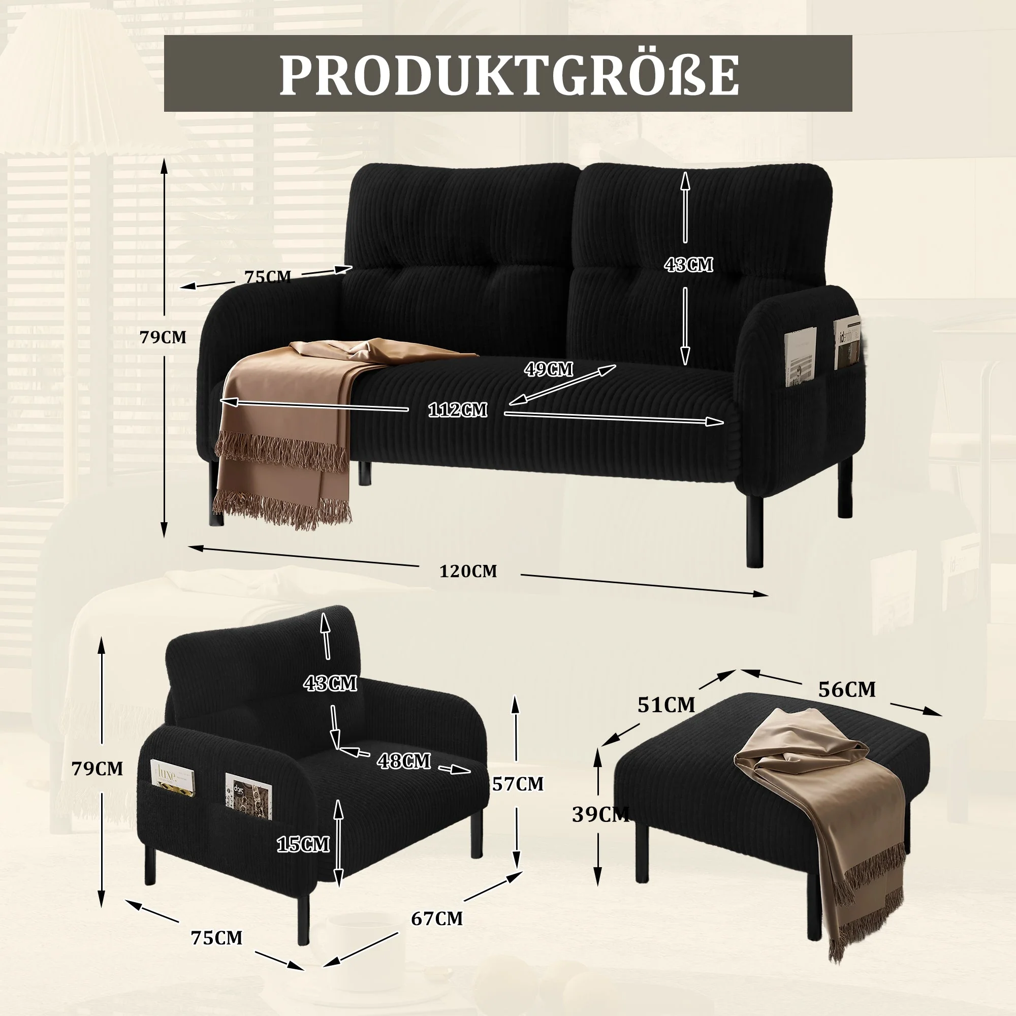 Cord 3-Piece Modular Sofa Set, Deep Seat Comfort Side Pocket, Black - Image 2