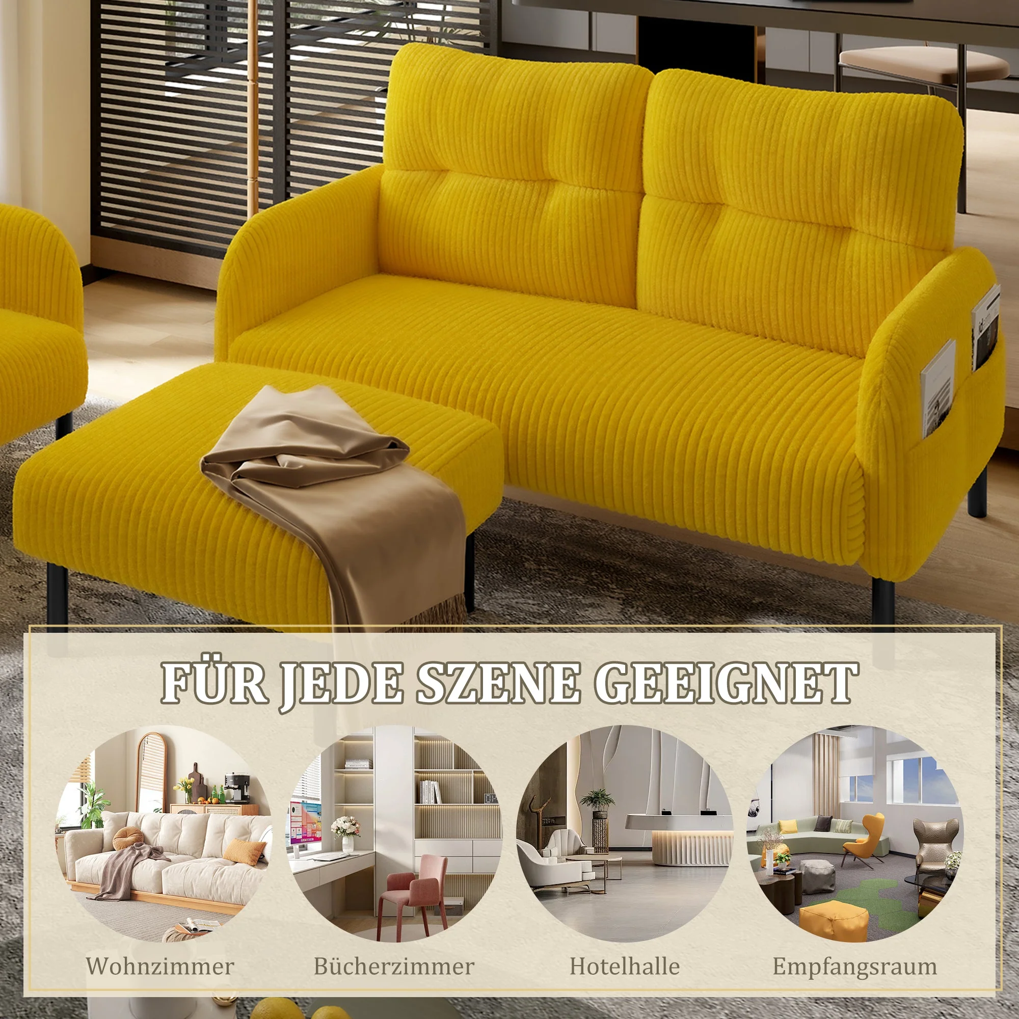 Cord Modular 3-Piece Sofa Set, Armchair Footstool 2-Seater, Deep Seat Tubular Steel Frame, Mustard Yellow - Image 7