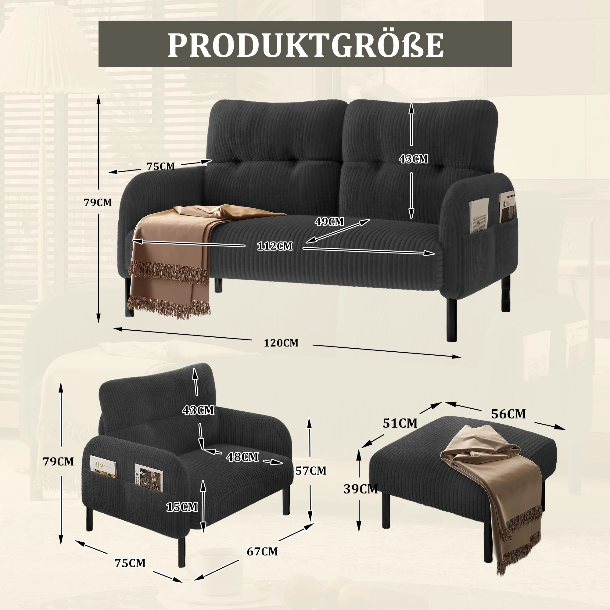 Cord Sofa Set, Modular 3-Piece Deep Seat Side Pocket, Grey Fabric - Image 2