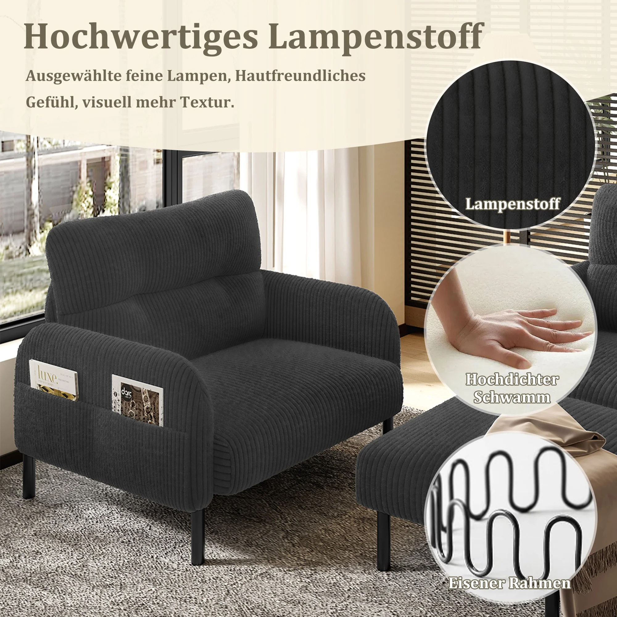 Cord Sofa Set, Modular 3-Piece Deep Seat Side Pocket, Grey Fabric - Image 5