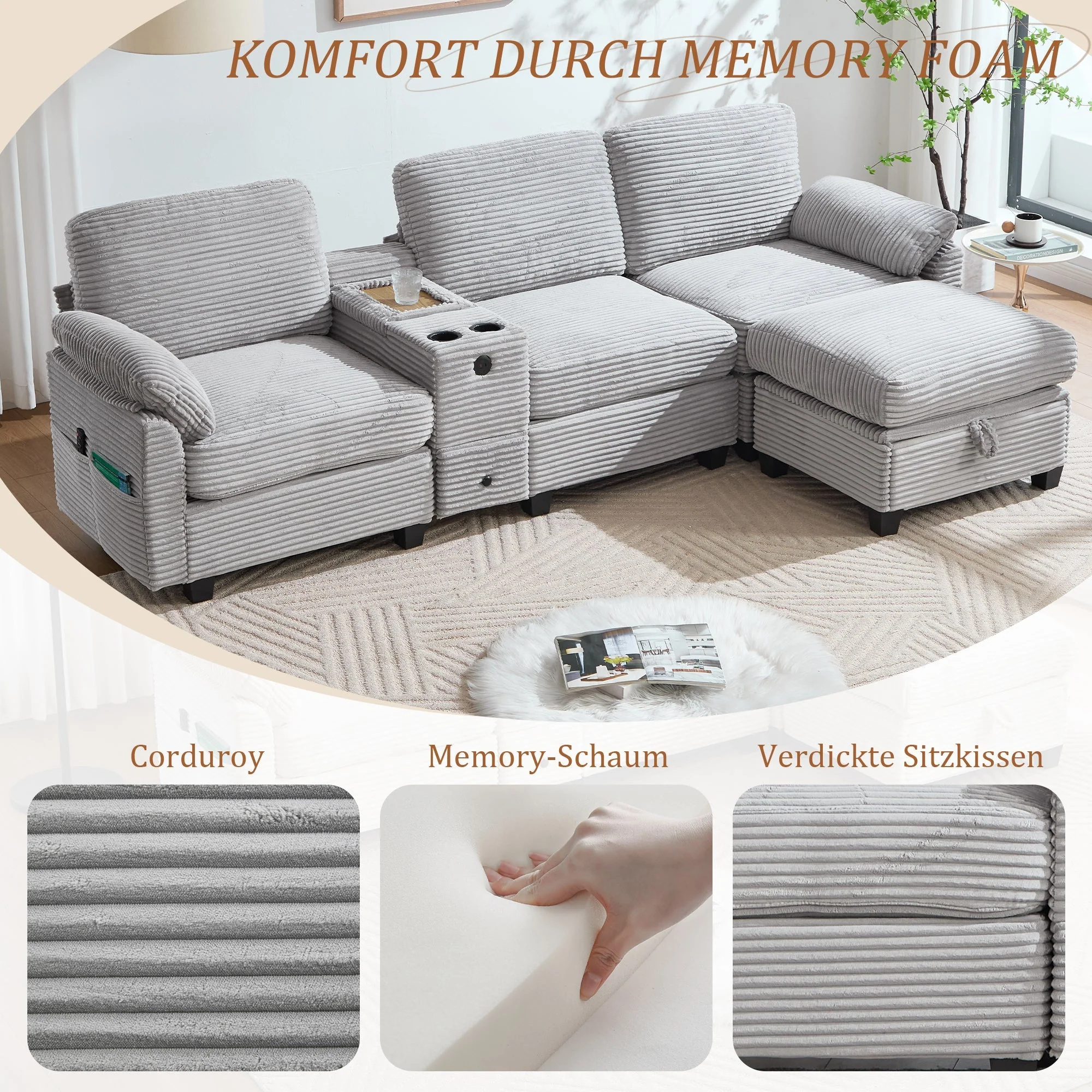 Corduroy Sofa Large Comfort Foam Console USB-C Storage Drawer Ottoman - Image 6