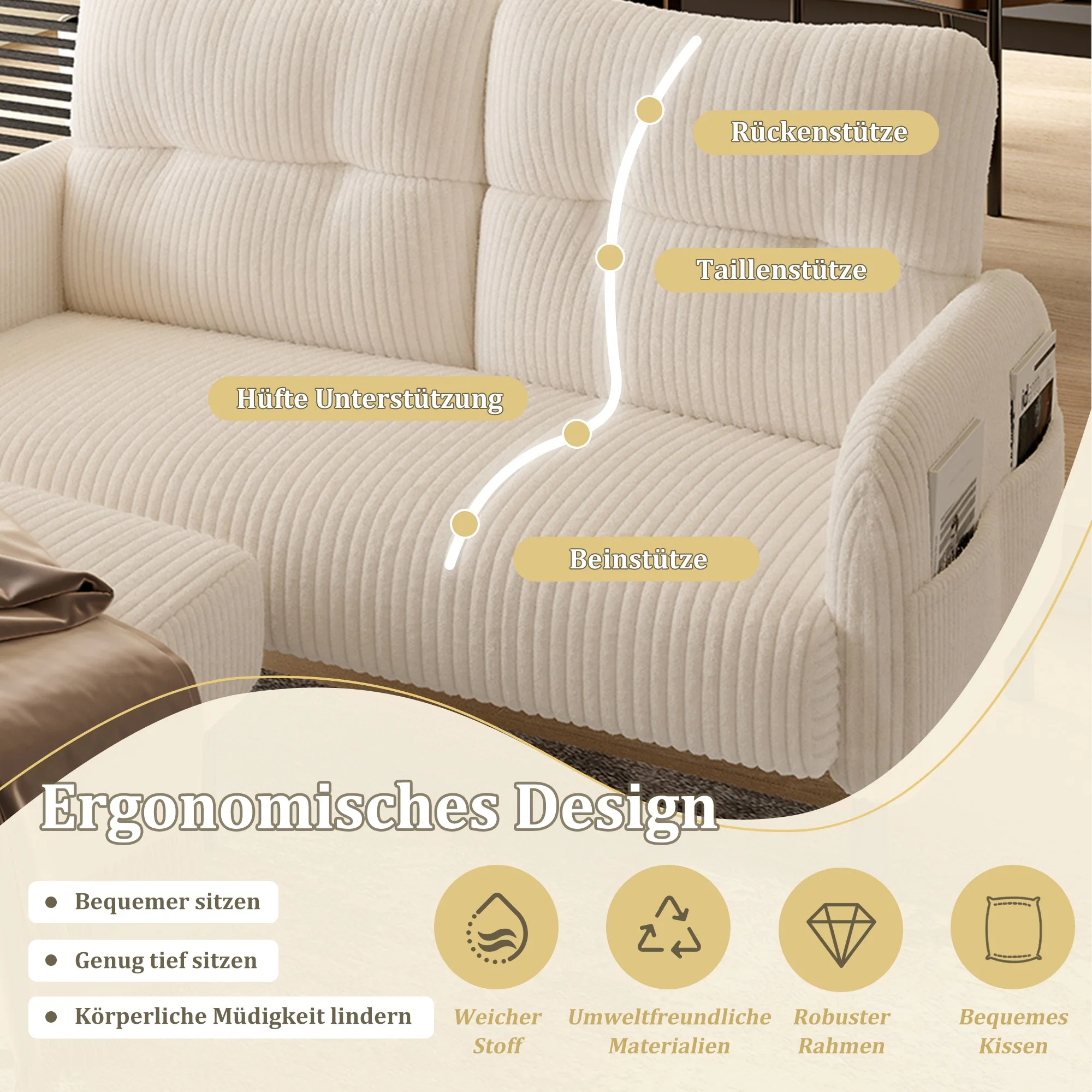 Corduroy Two-Seater Sofa, Comfort Padding High Back Side Pockets, Metal Feet - Image 5