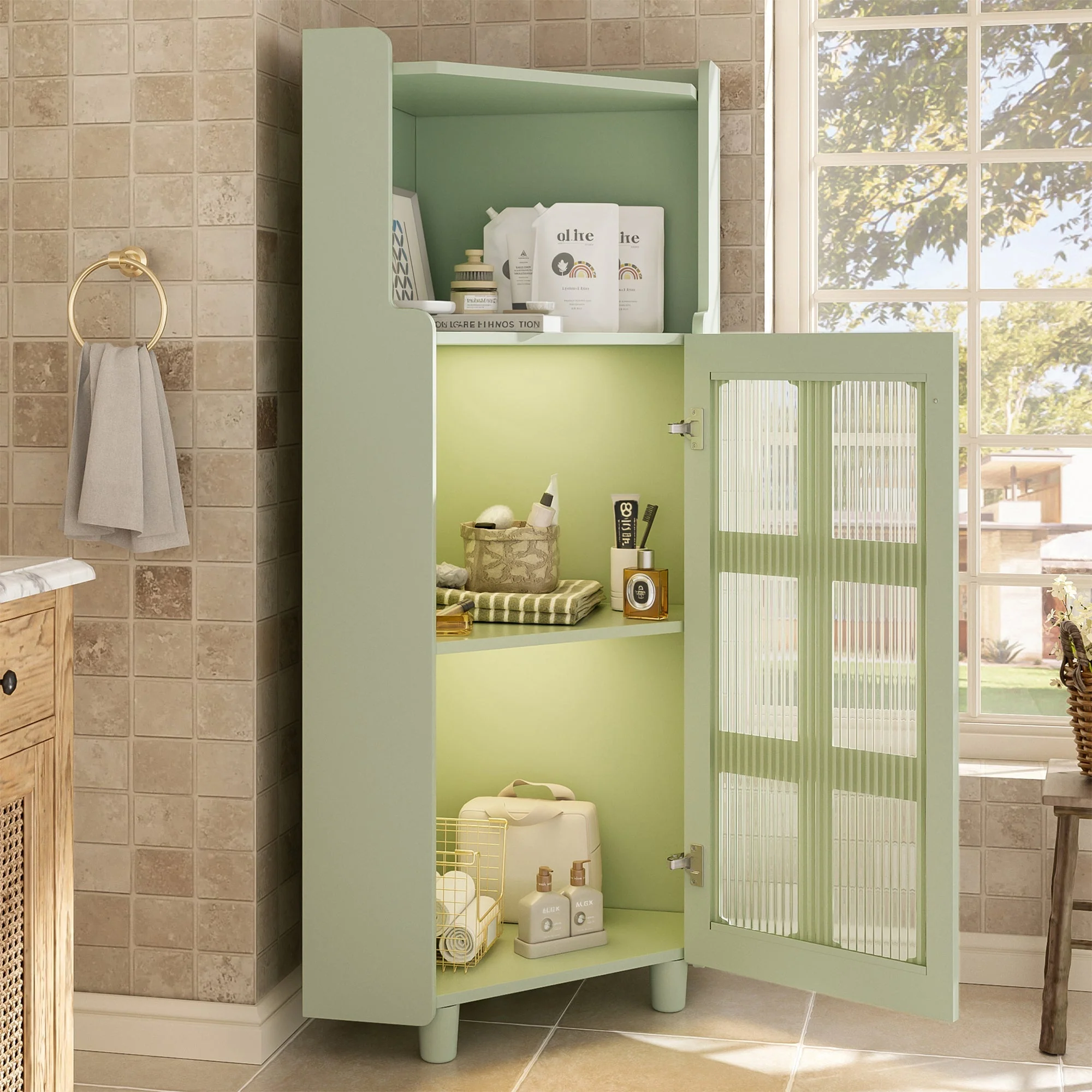 Corner Cabinet LED App Control Lacquered Finish 63.5x124cm - Green - Image 5