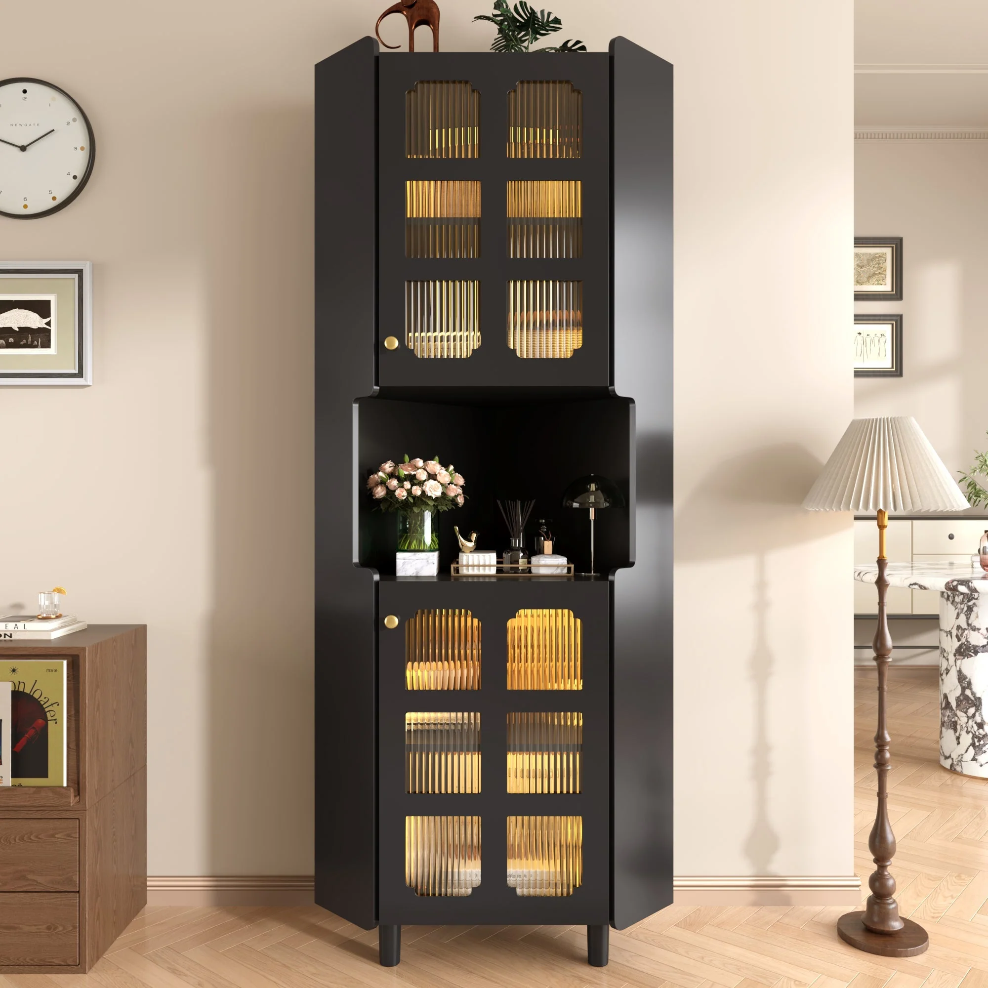 Corner Cabinet Multifunctional LED Storage - Black Lacquer Finish - Image 2