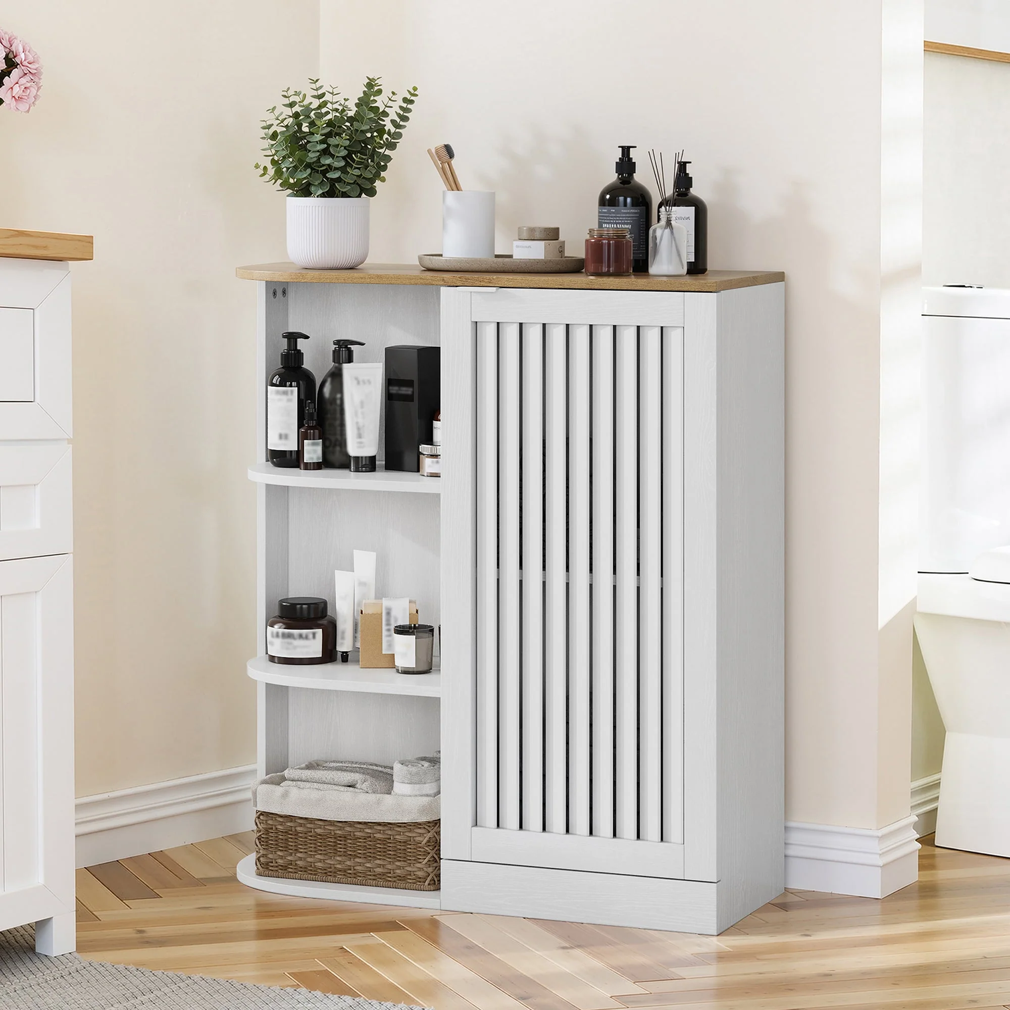 Corner Cabinet with Mesh Doors and Adjustable Shelves, White and Oak - Image 4