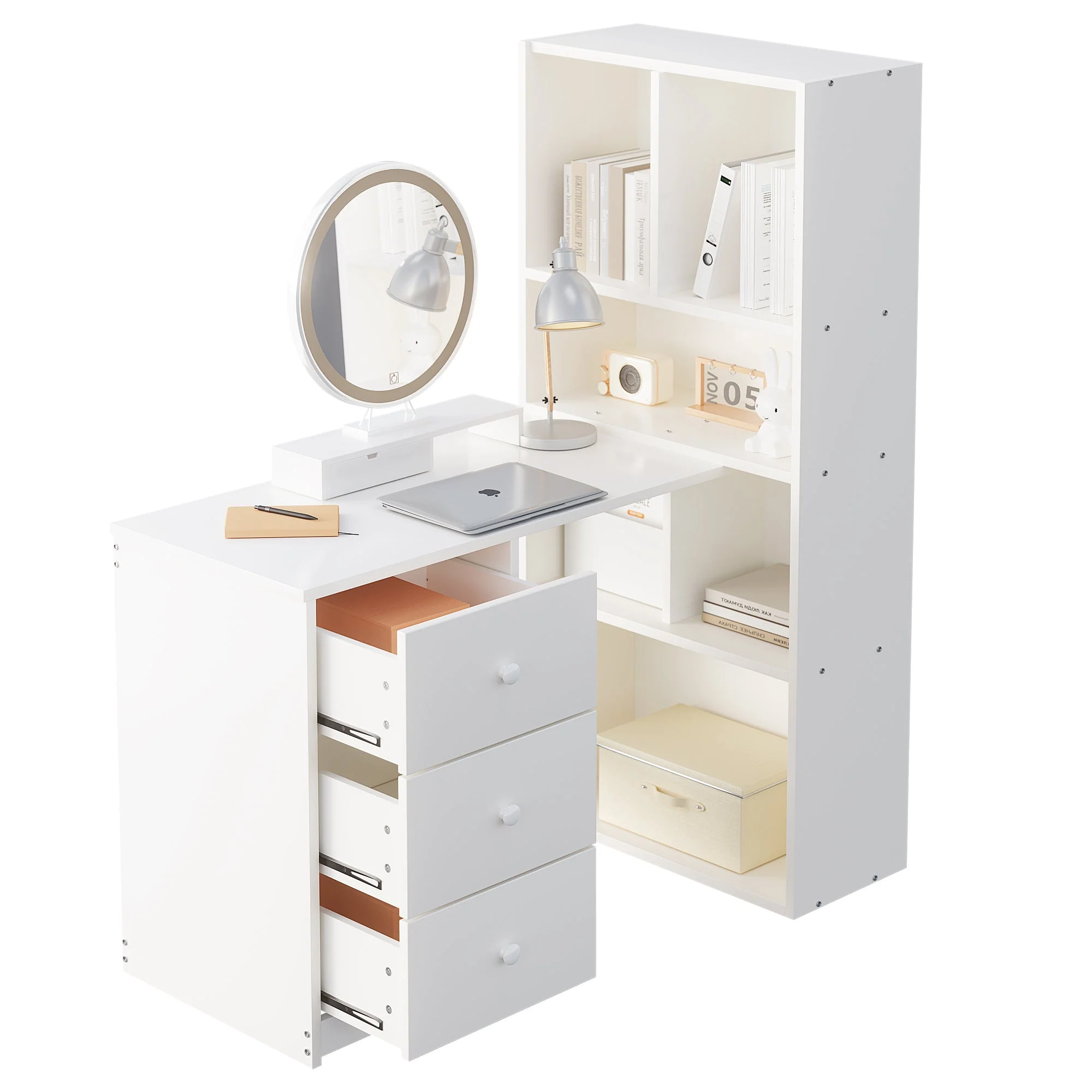 Corner Desk with Bookshelf, 4 Storage and 3 Drawers, White - Image 5