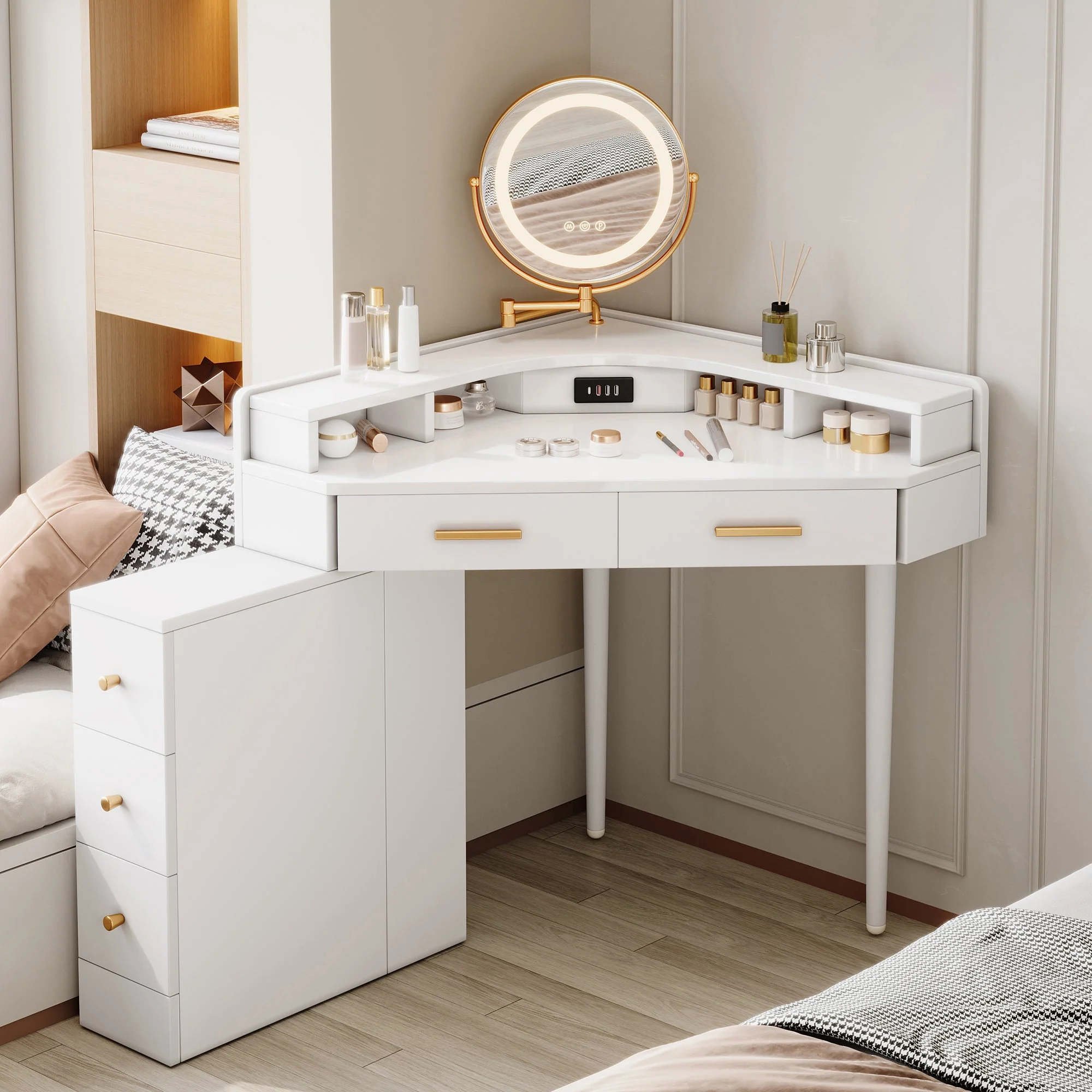 Corner Dressing Table Rotating LED Mirror 5 Drawers USB-C Ports White - Image 2