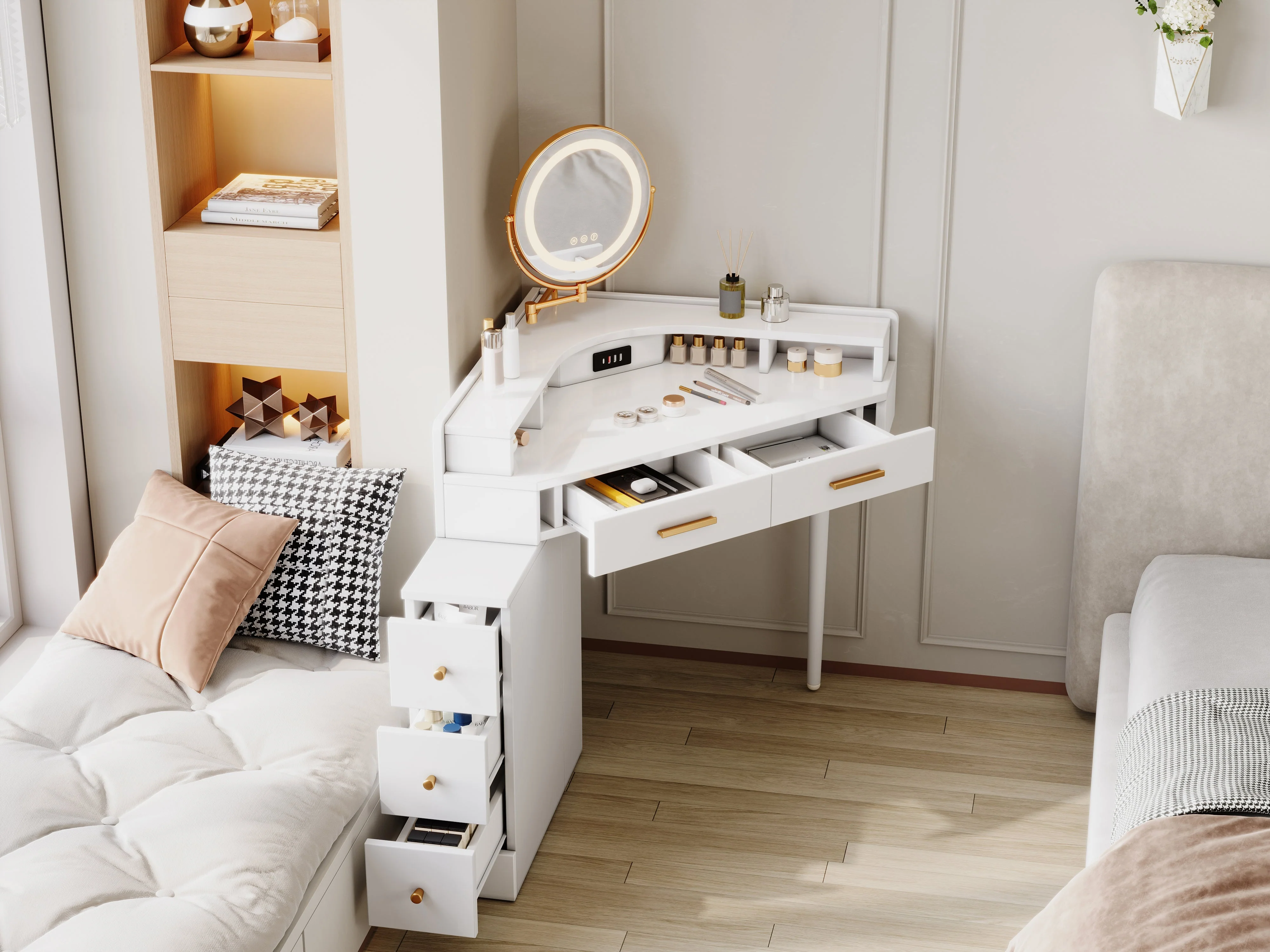 Corner Dressing Table Rotating LED Mirror 5 Drawers USB-C Ports White - Image 4
