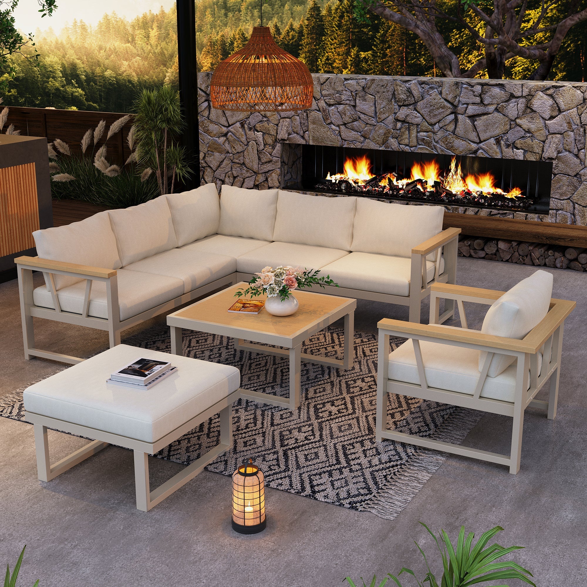 Corner Garden Furniture Set with Coffee Table, Seats 7, Khaki and Beige - Image 2
