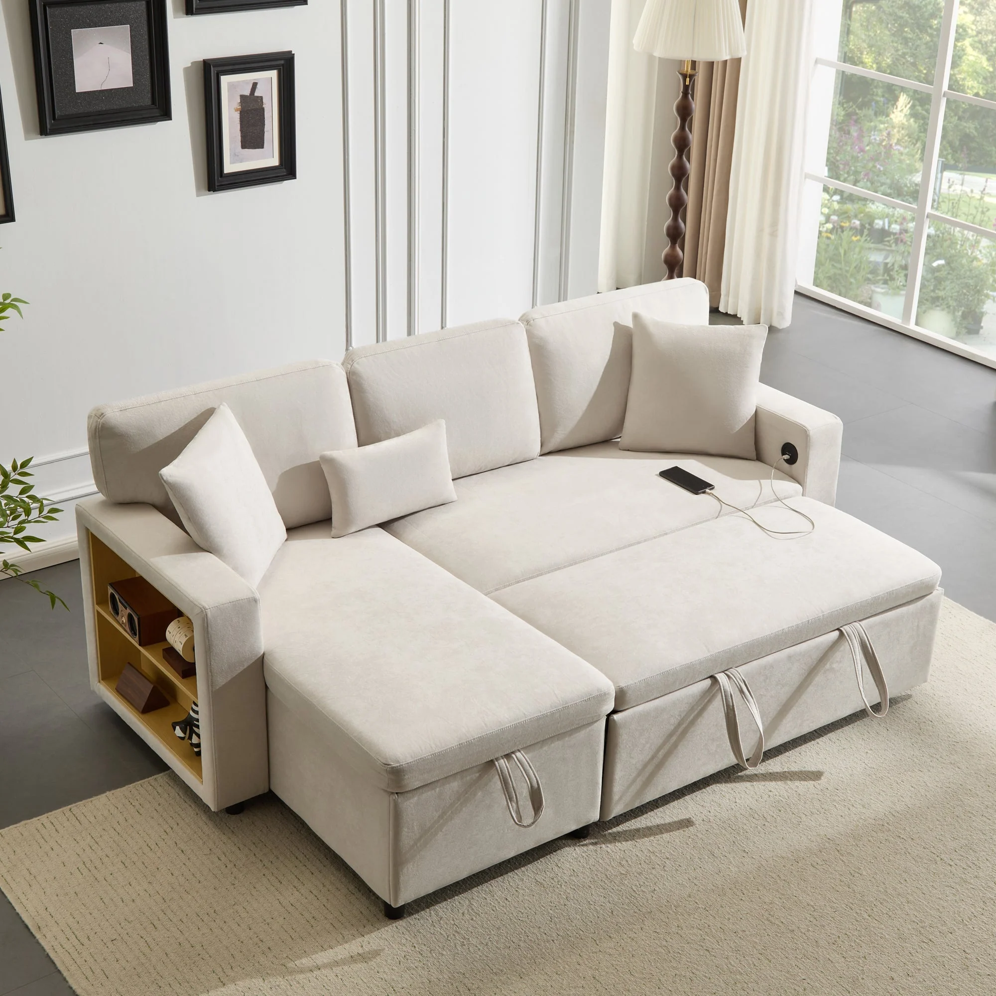 Corner Sofa Bed L-Shape Extendable Storage & Shelf - Beige - Image 3