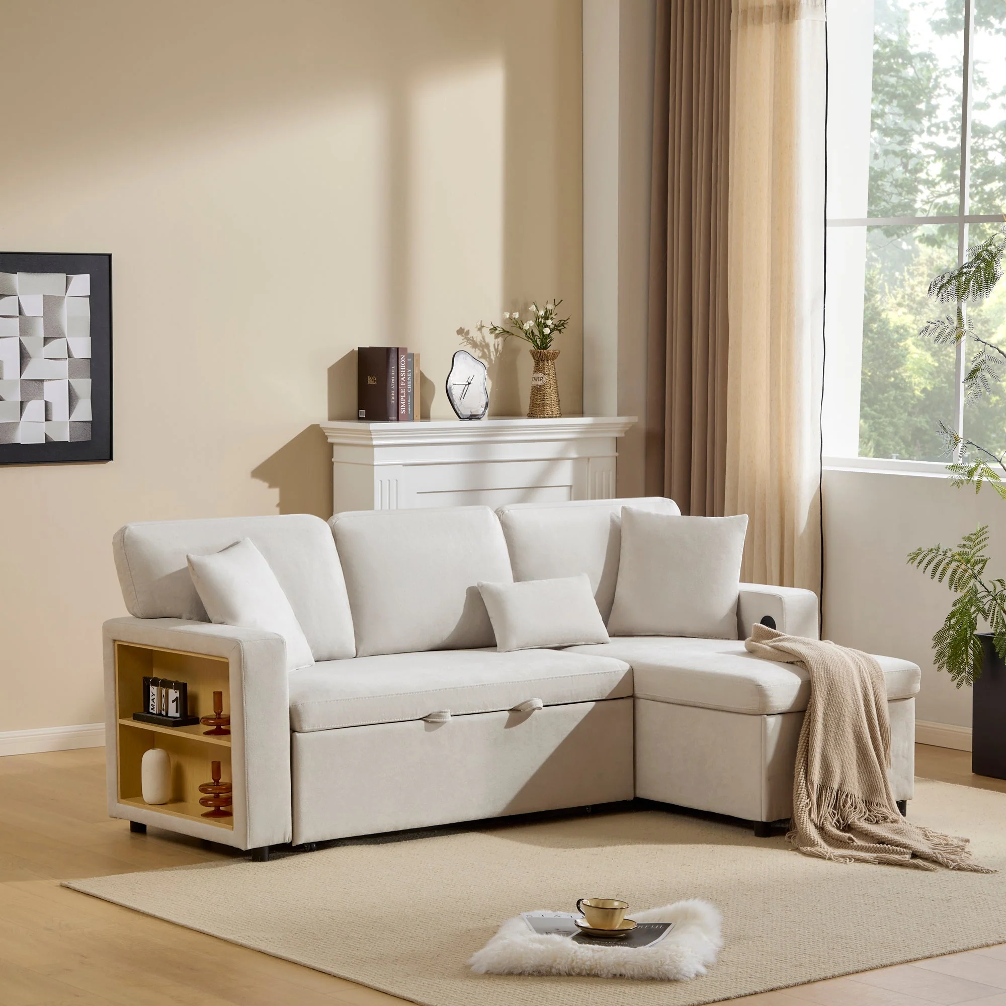Corner Sofa Bed L-Shape Extendable Storage & Shelf - Beige - Image 8