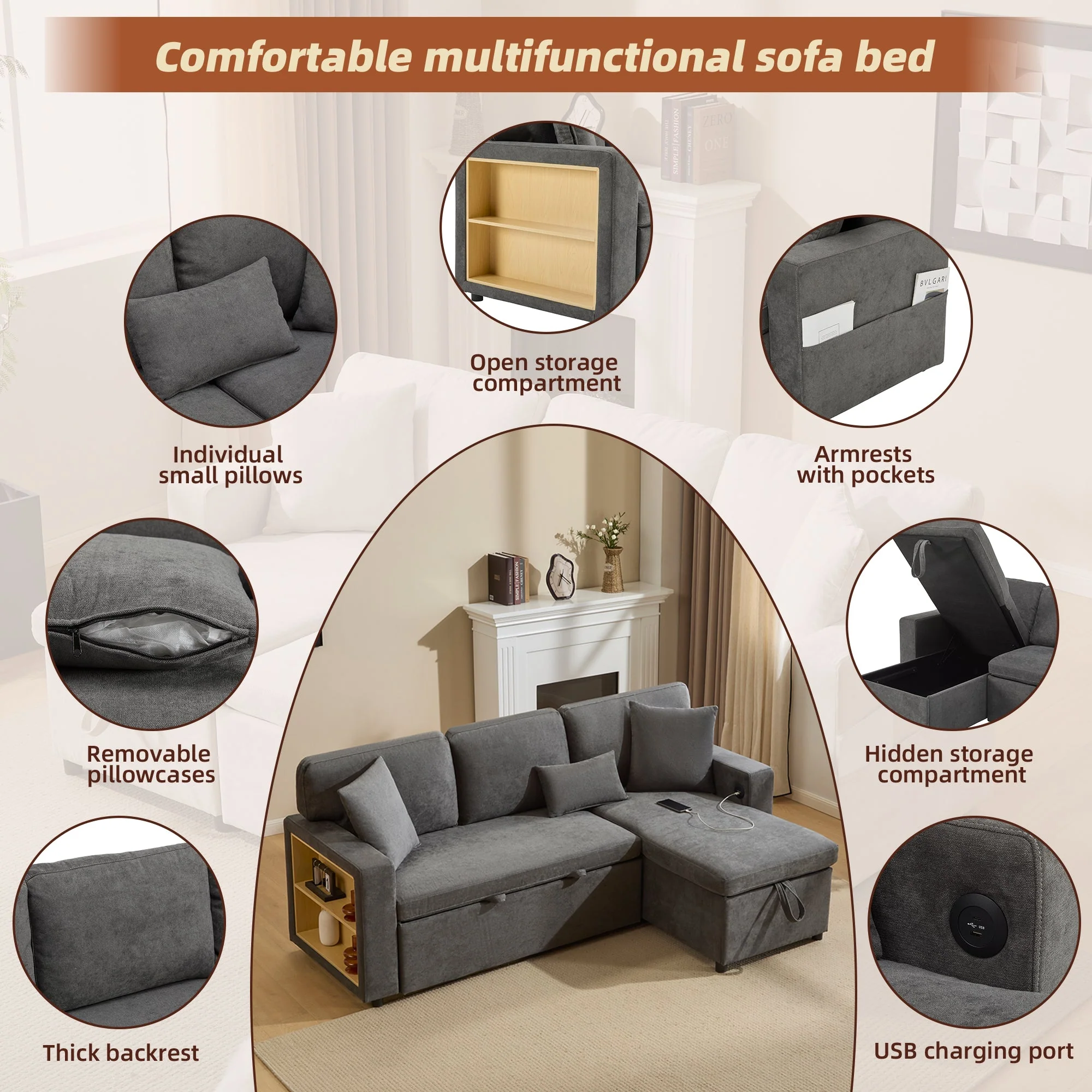 Corner Sofa Bed L-Shaped Extendable with Storage, Dark Grey - Image 3