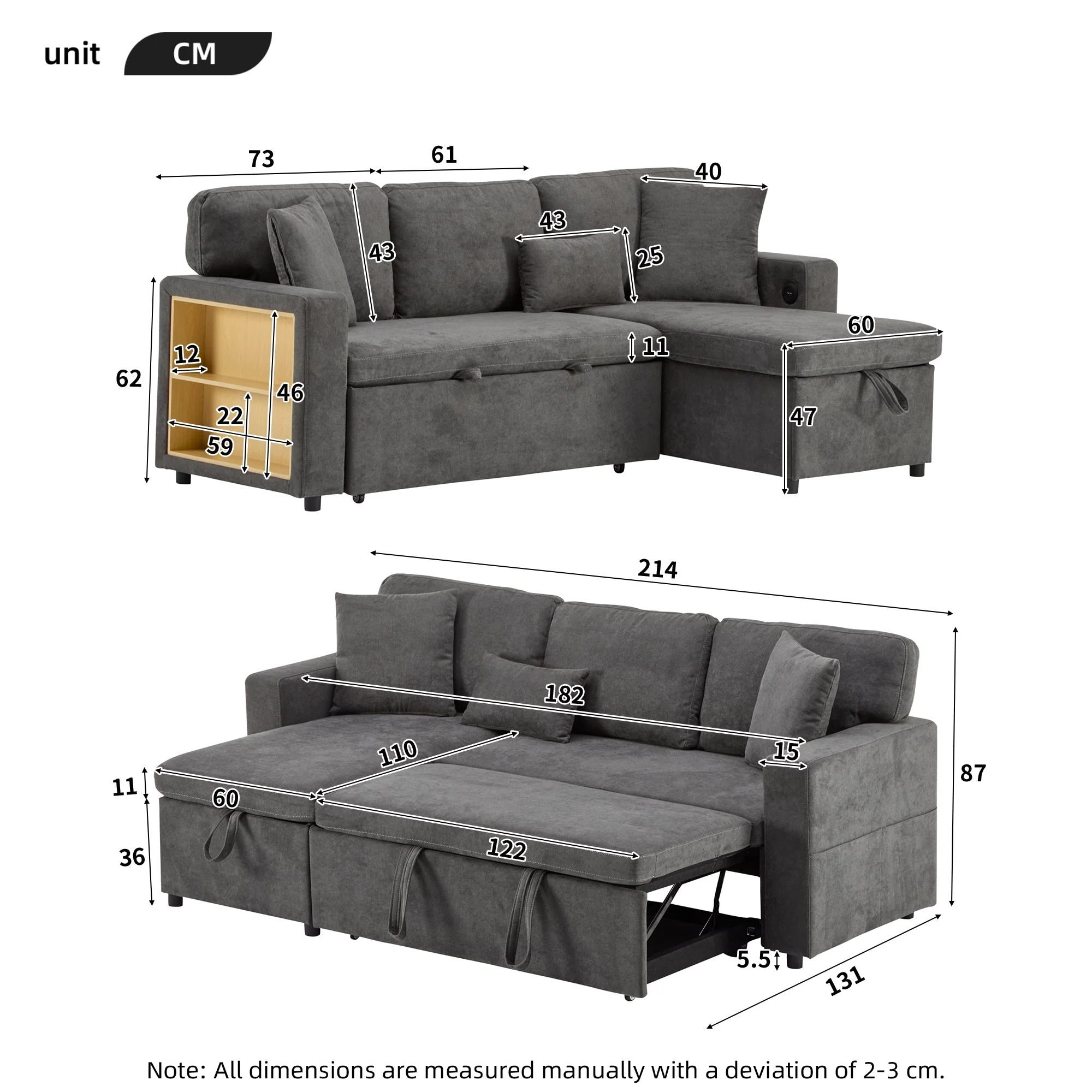 Corner Sofa Bed L-Shaped Extendable with Storage, Dark Grey - Image 4
