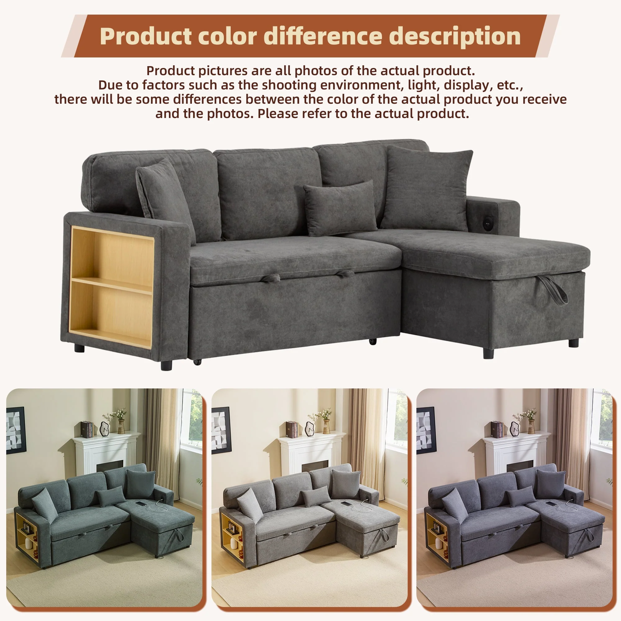 Corner Sofa Bed L-Shaped Extendable with Storage, Dark Grey - Image 6