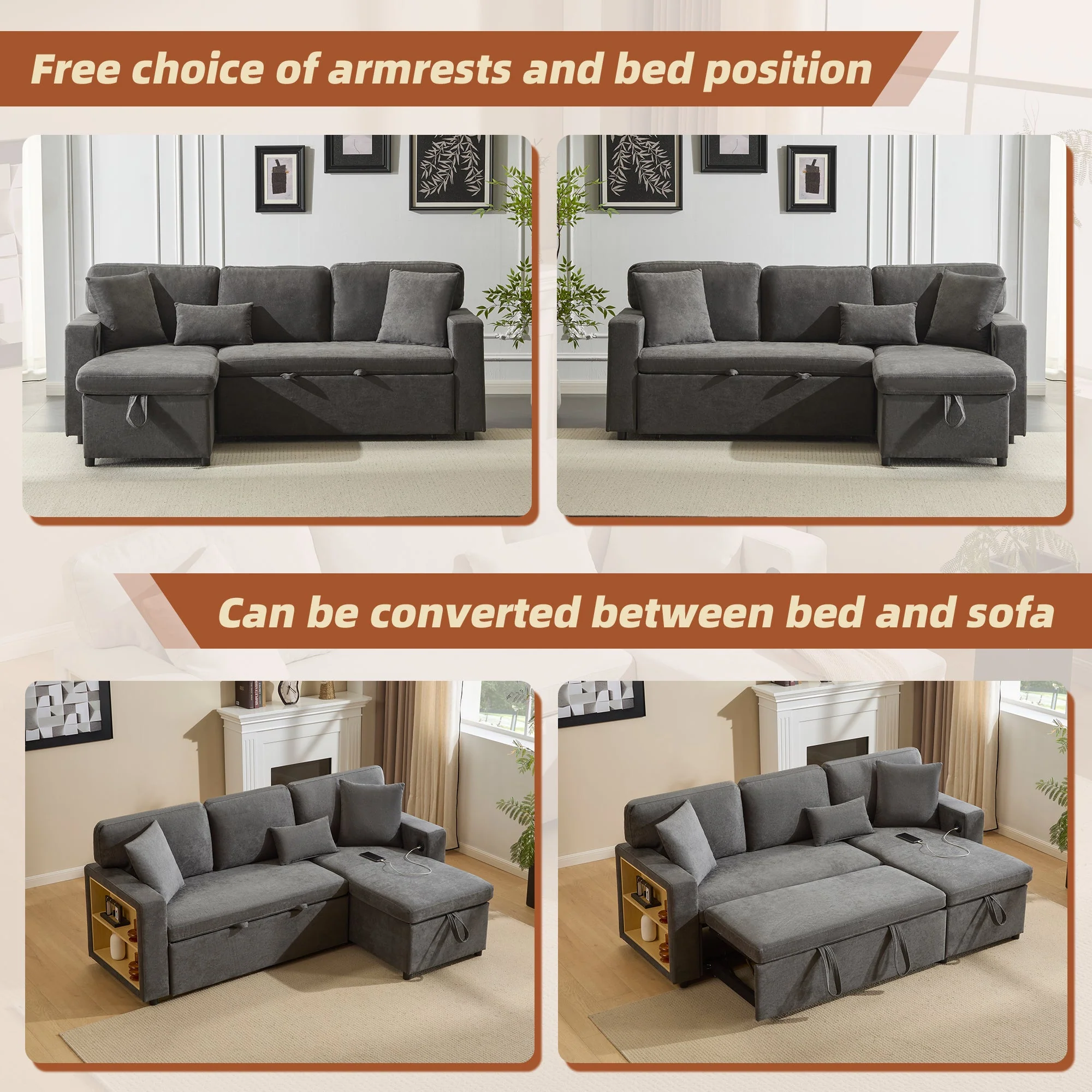 Corner Sofa Bed L-Shaped Extendable with Storage, Dark Grey - Image 8