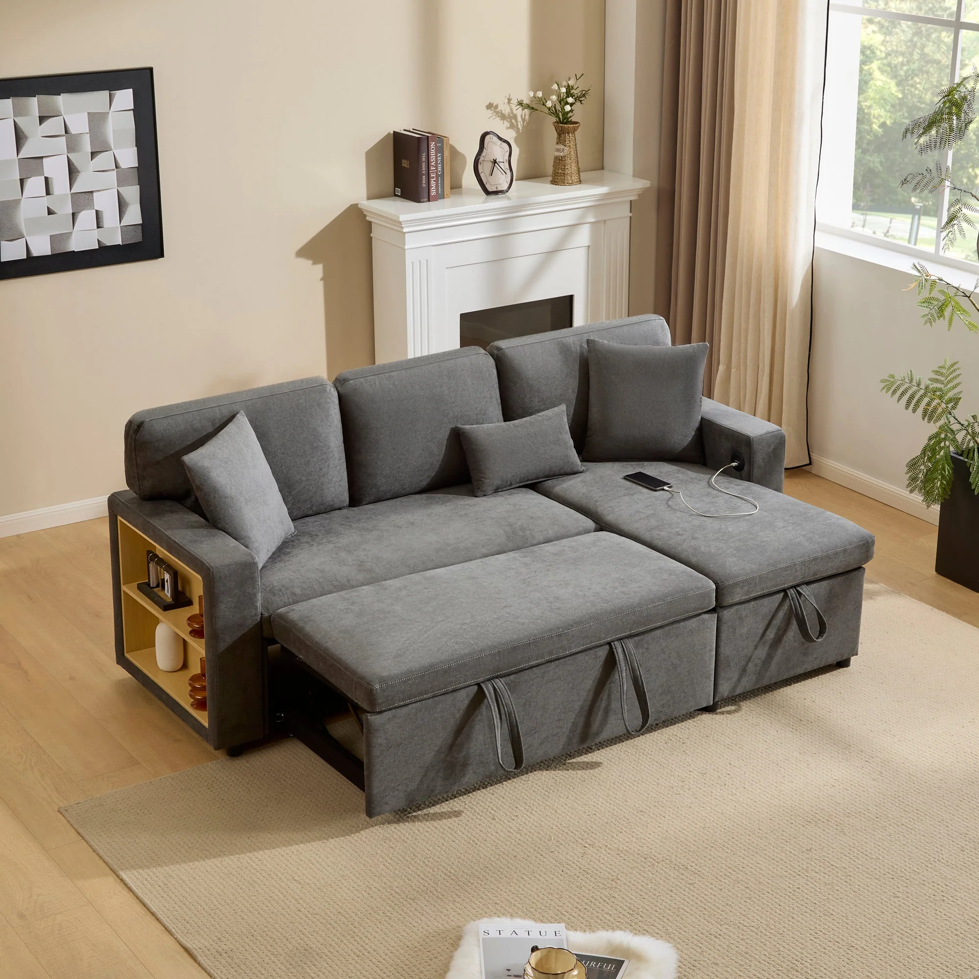 Corner Sofa Bed, L-Shaped Extendable with Storage & Shelf, Dark Grey - Image 2