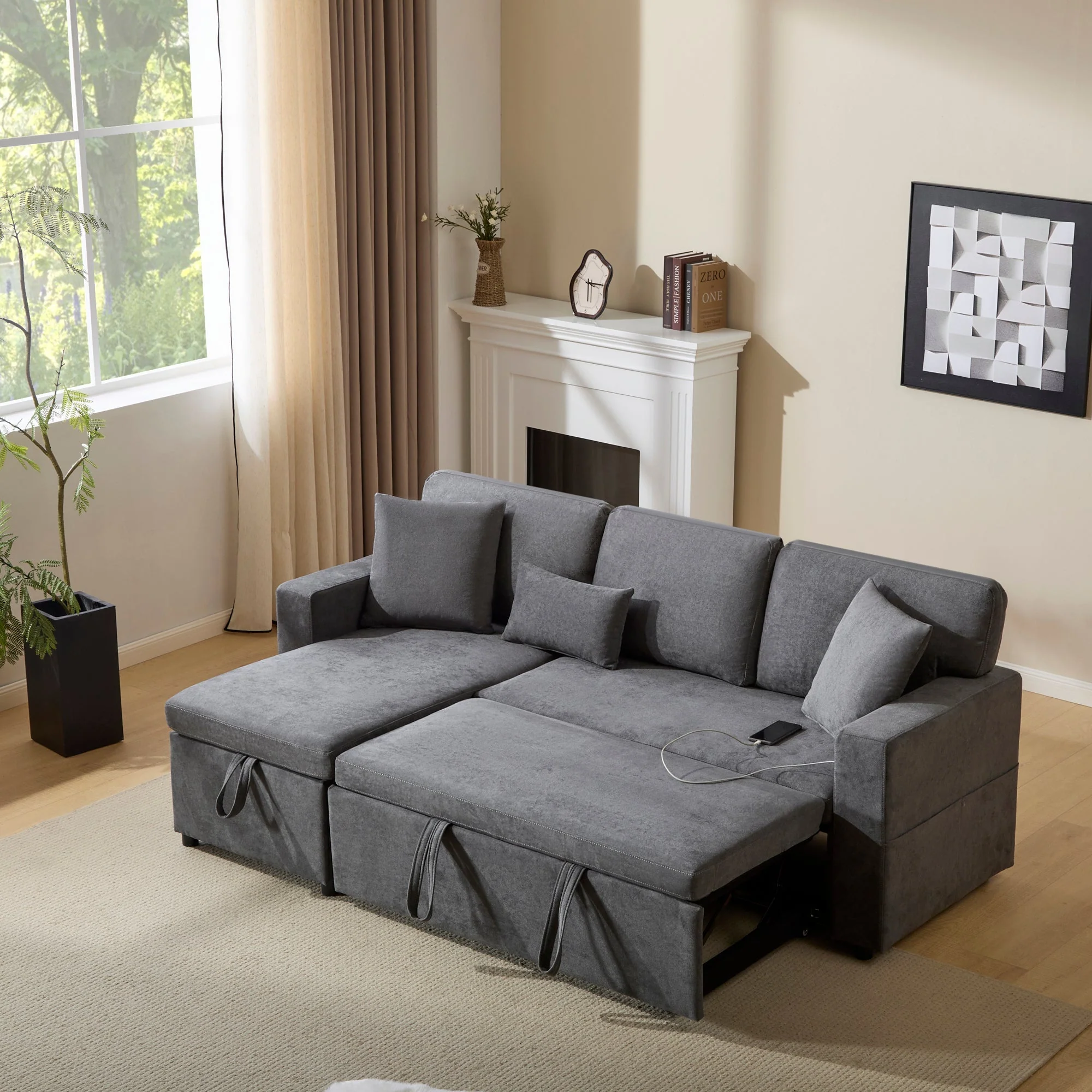 Corner Sofa Bed, L-Shaped Extendable with Storage & Shelf, Dark Grey - Image 6
