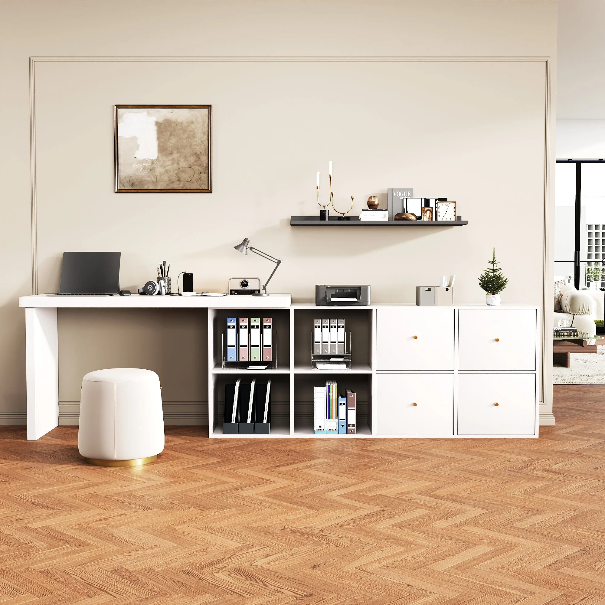 Corner Table 360° Swivel L-Shape/Straight, 4 Compartments 4 Drawers, White MDF - Image 2