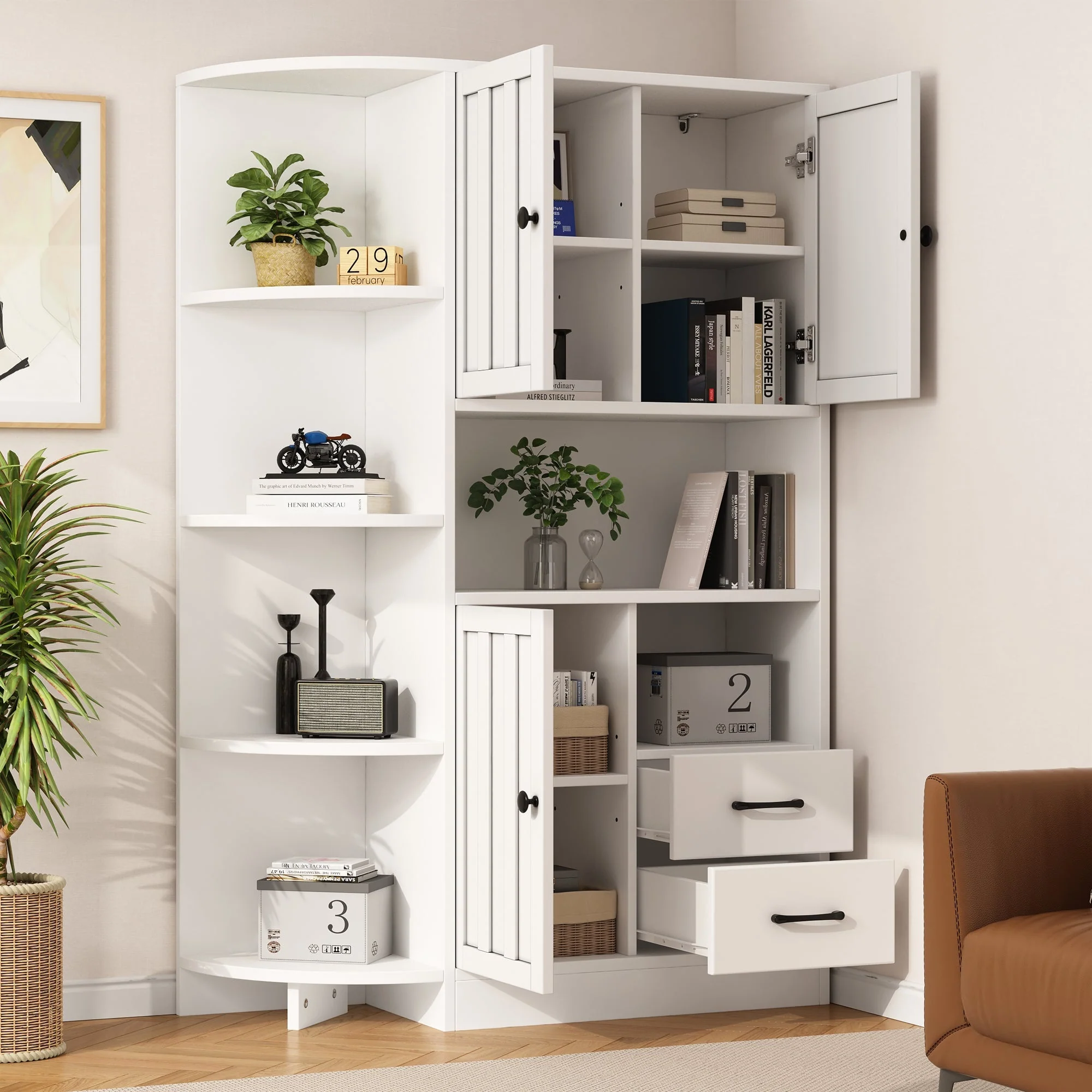 Corner Wardrobe Display Cabinet, 3 Cabinets 2 Drawers, 14 Storage Areas, 104x35x155cm, White - Image 4