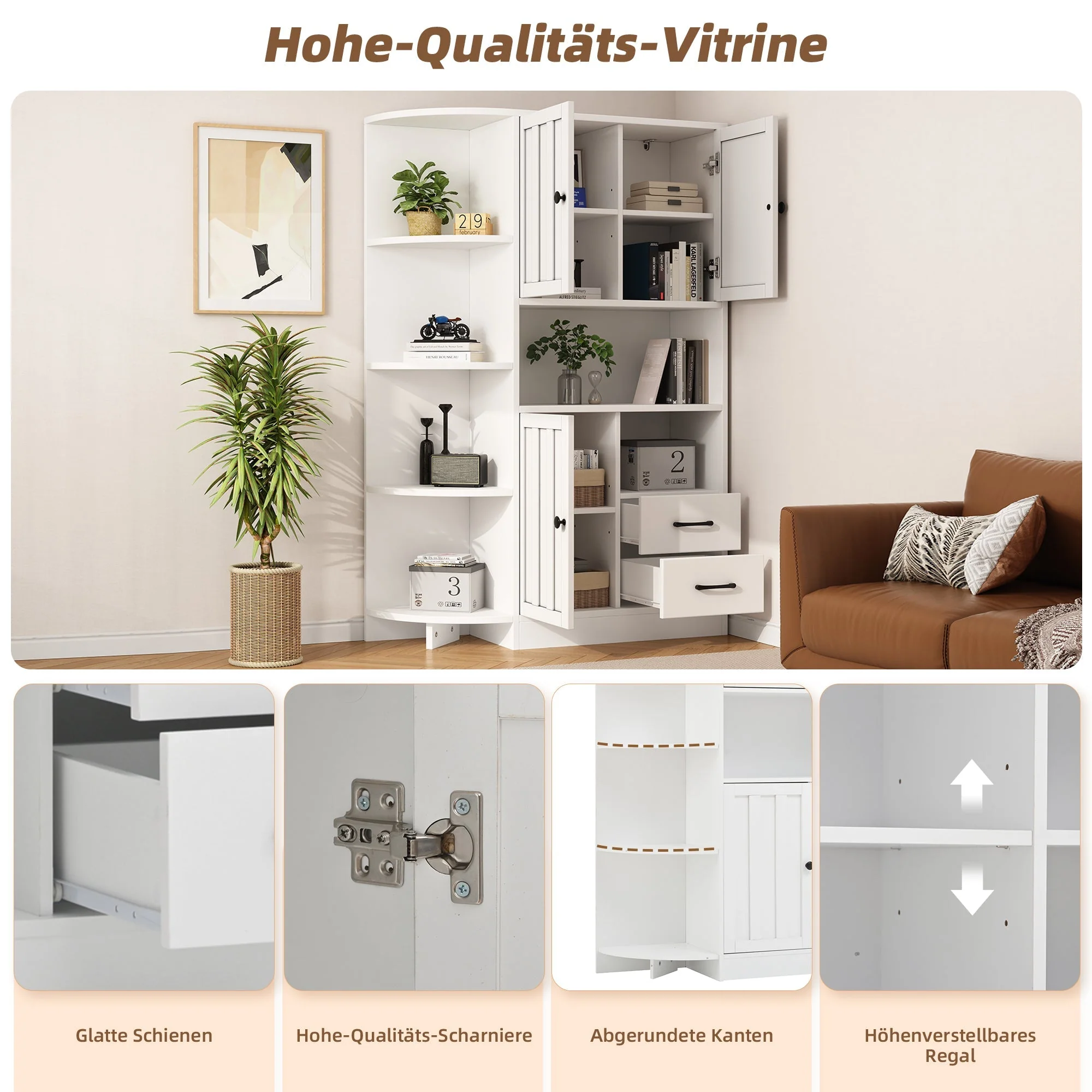 Corner Wardrobe Display Cabinet, 3 Cabinets 2 Drawers, 14 Storage Areas, 104x35x155cm, White - Image 7