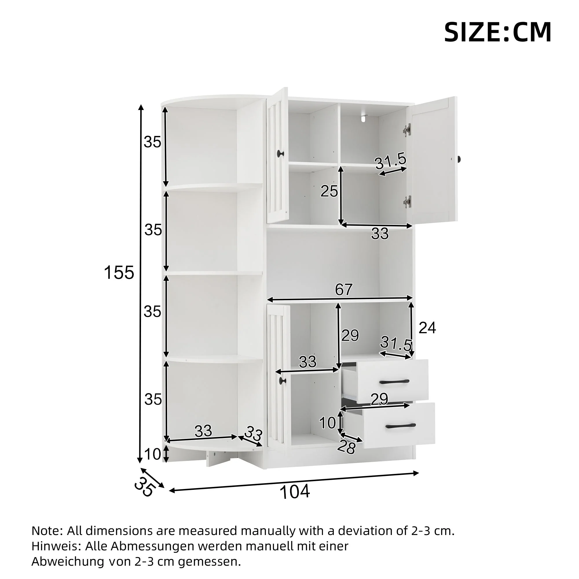 Corner Wardrobe Display Cabinet, 3 Cabinets 2 Drawers, 14 Storage Areas, 104x35x155cm, White - Image 9
