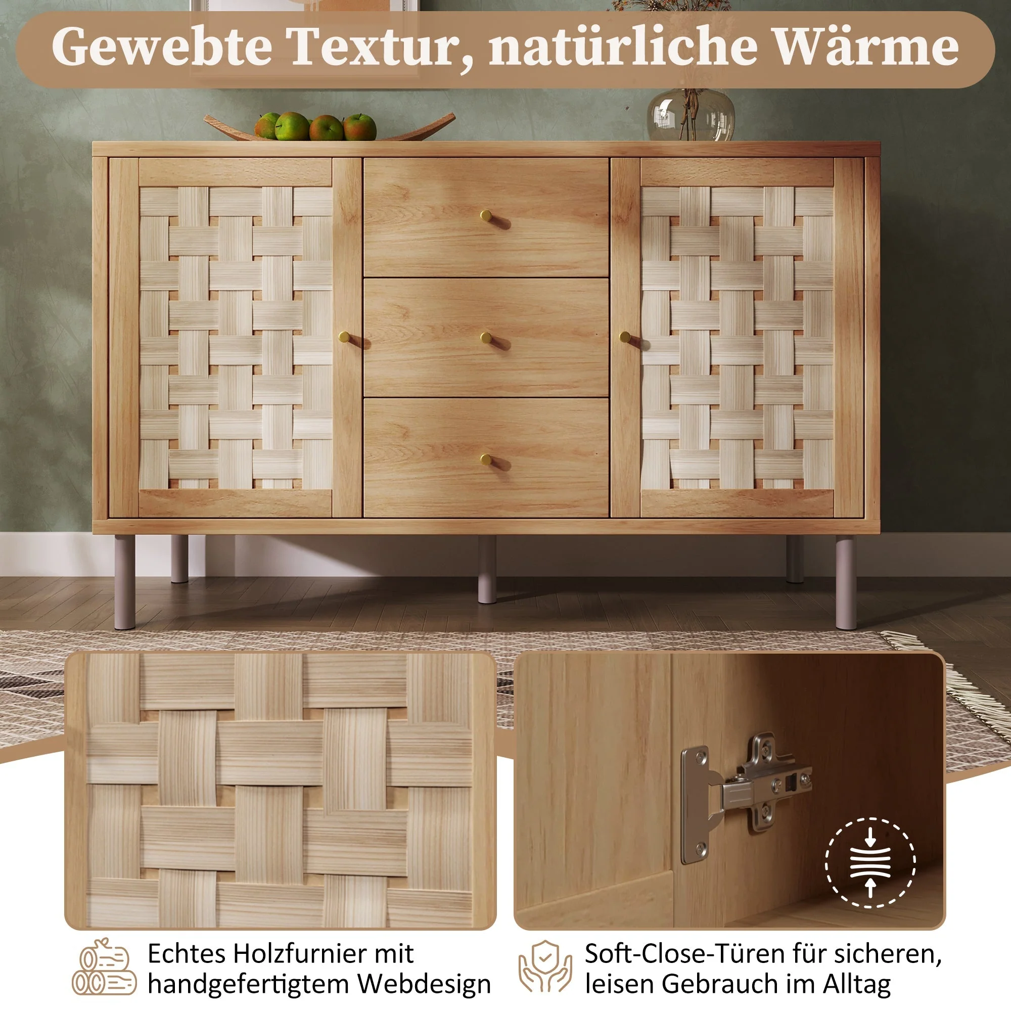 Country-style Chest of Drawers, 120x40x75 cm with 2 Doors and 3 Drawers, Oak-colored - Image 5