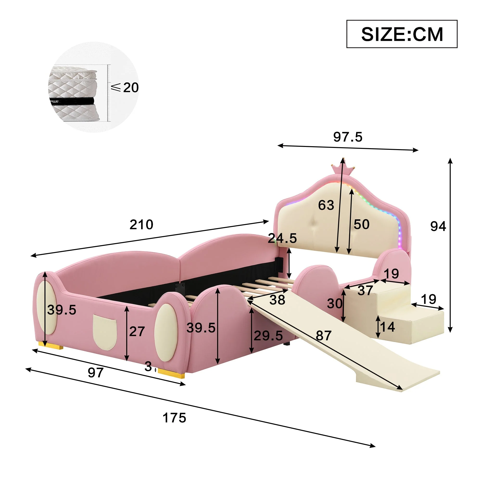 Crown Cartoon Bed Upholstered Children's Slide Stairs LED 90x200cm PU Pink + Beige - Image 5