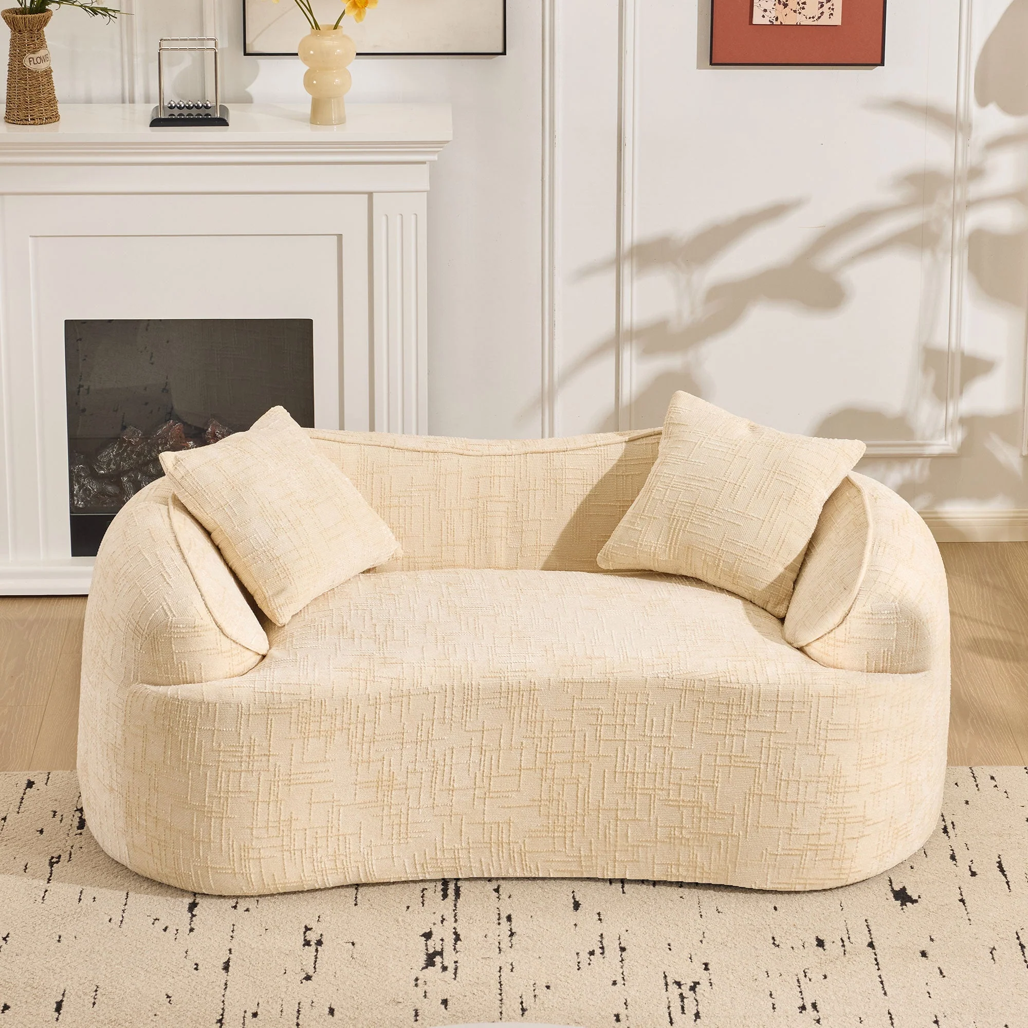 Curved Compression Sofa 2-Seater Armrests & Cushions - Beige - Image 2