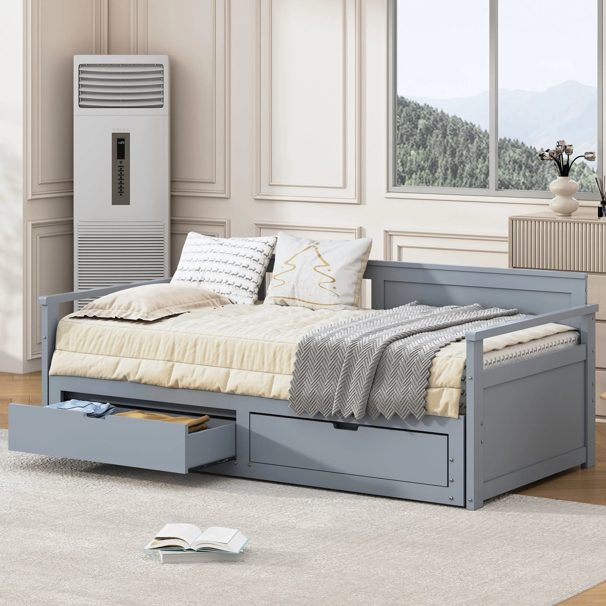 Day Bed, Multifunctional Two-in-One with Drawers, Pull-Out, Pine, Grey - Image 3
