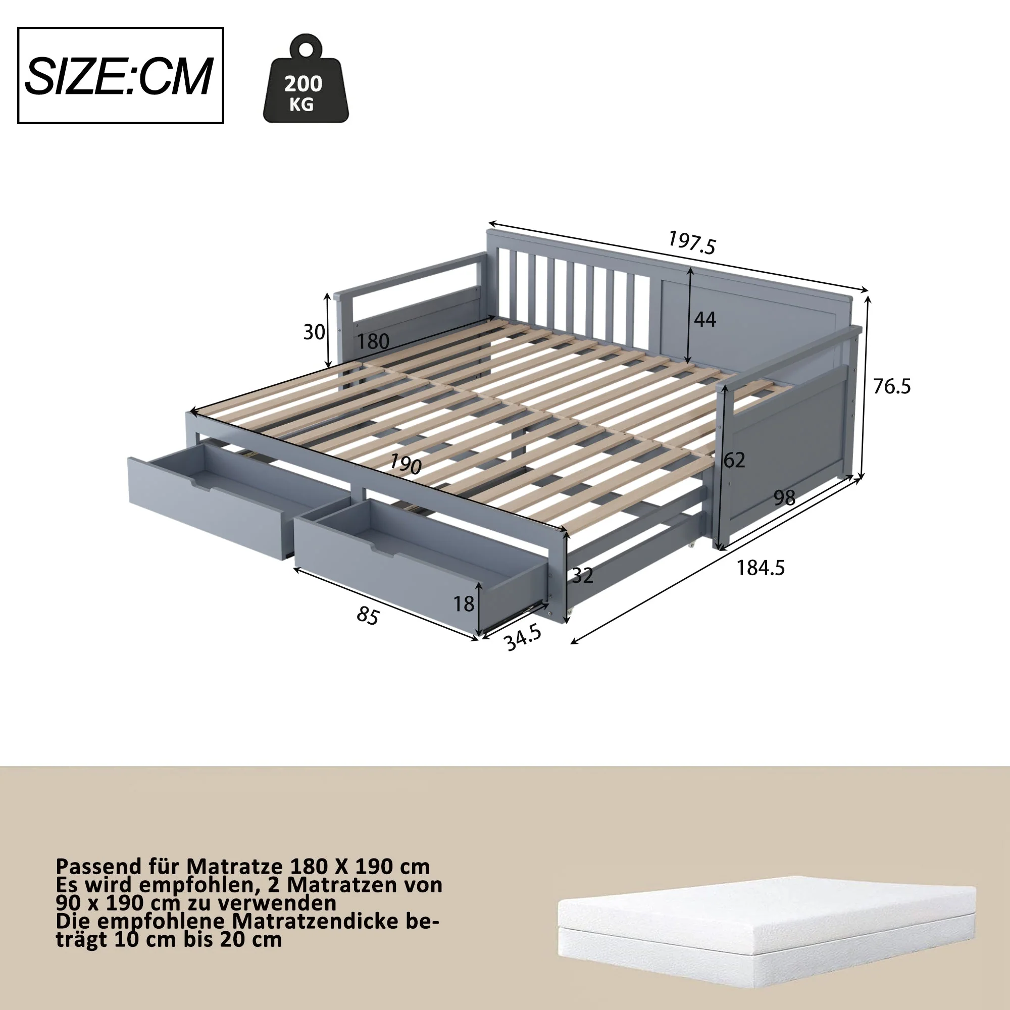 Day Bed, Multifunctional Two-in-One with Drawers, Pull-Out, Pine, Grey - Image 4