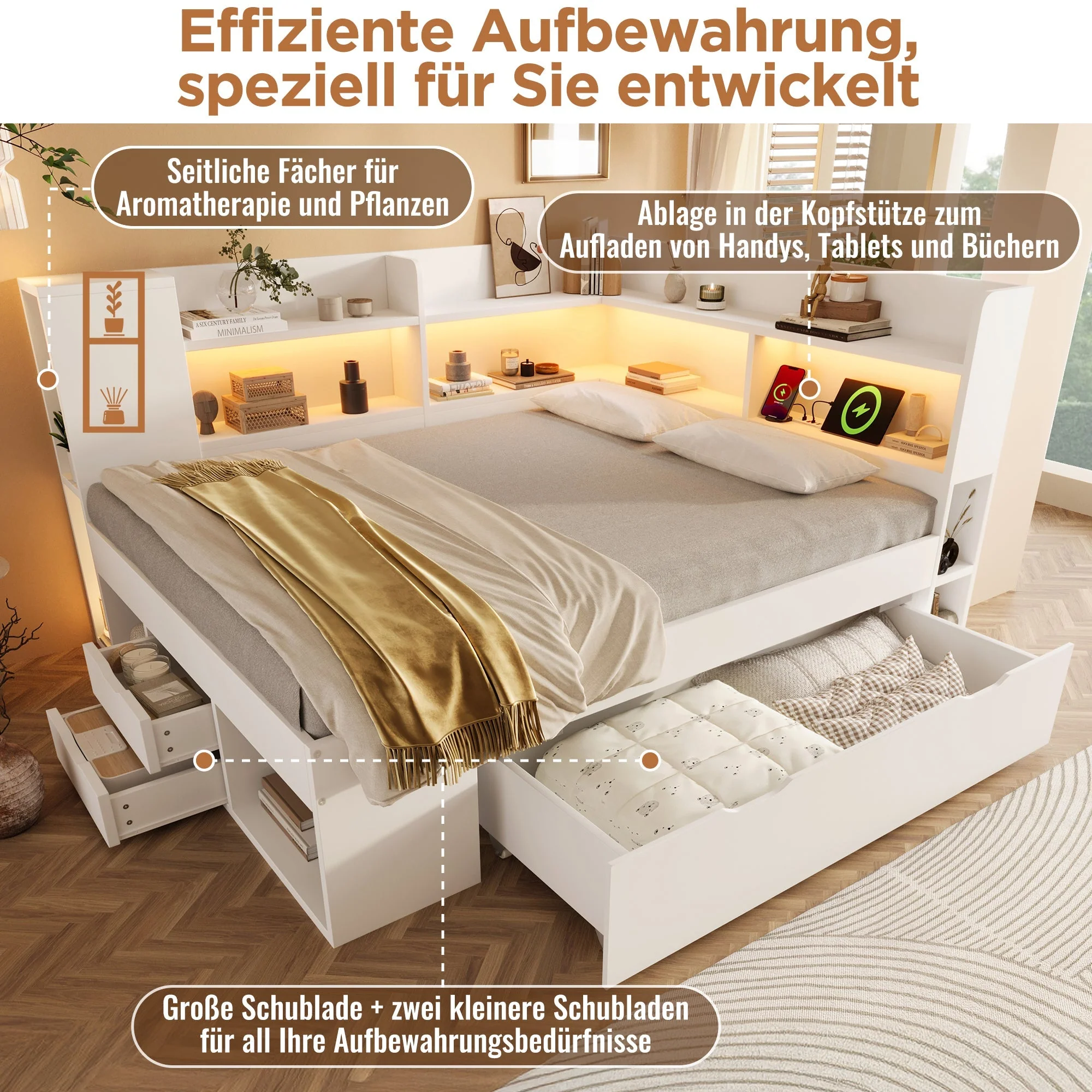 Daybed 140x200cm Functional Double Bed LED USB Storage White Wood - Image 4