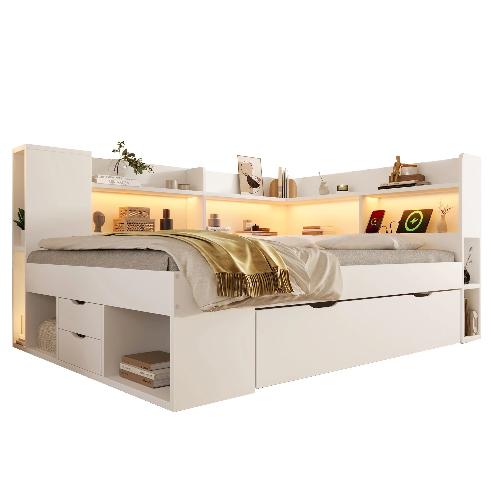 Daybed 140x200cm Functional Double Bed LED USB Storage White Wood - Image 9