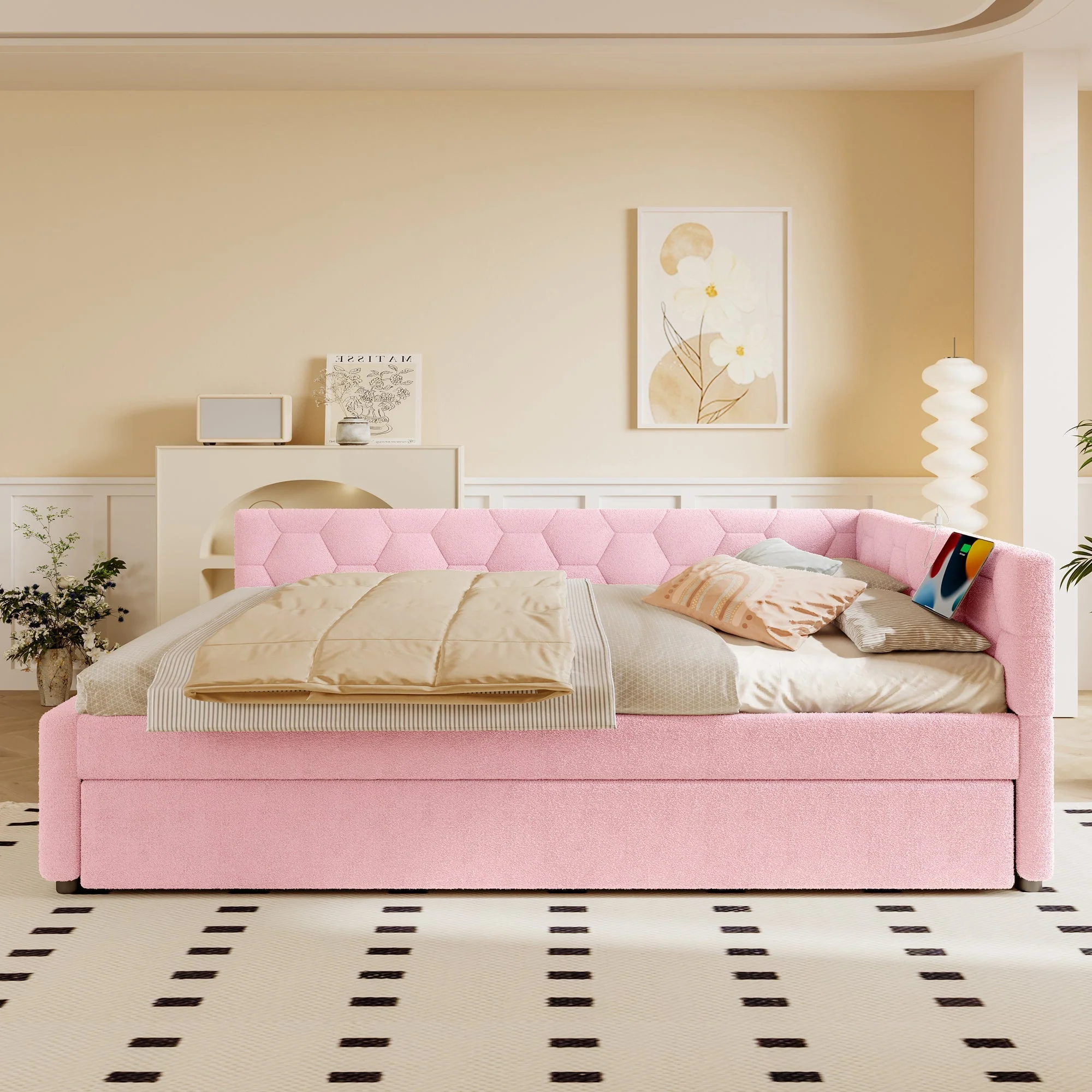 Daybed 140x200cm Sofa Bed Pull-Out Bed Lamp USB/Type-C - Faux Fleece Pink - Image 6