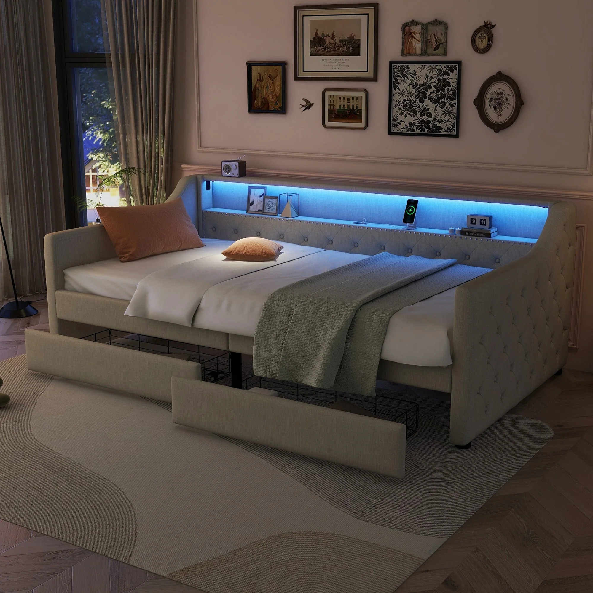 Daybed 90x200cm Ambient Light 2 Drawers USB - Linen Beige - Image 5