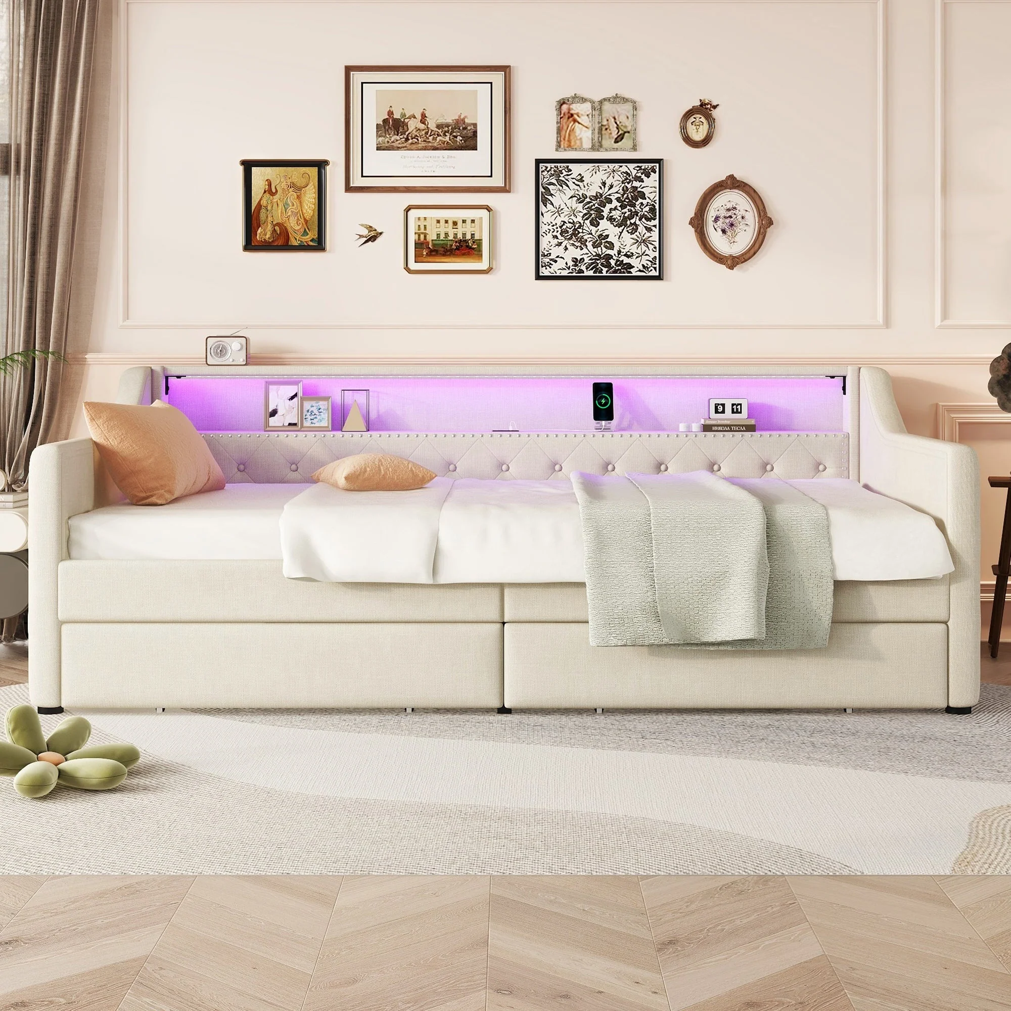 Daybed 90x200cm Ambient Light 2 Drawers USB - Linen Beige - Image 6