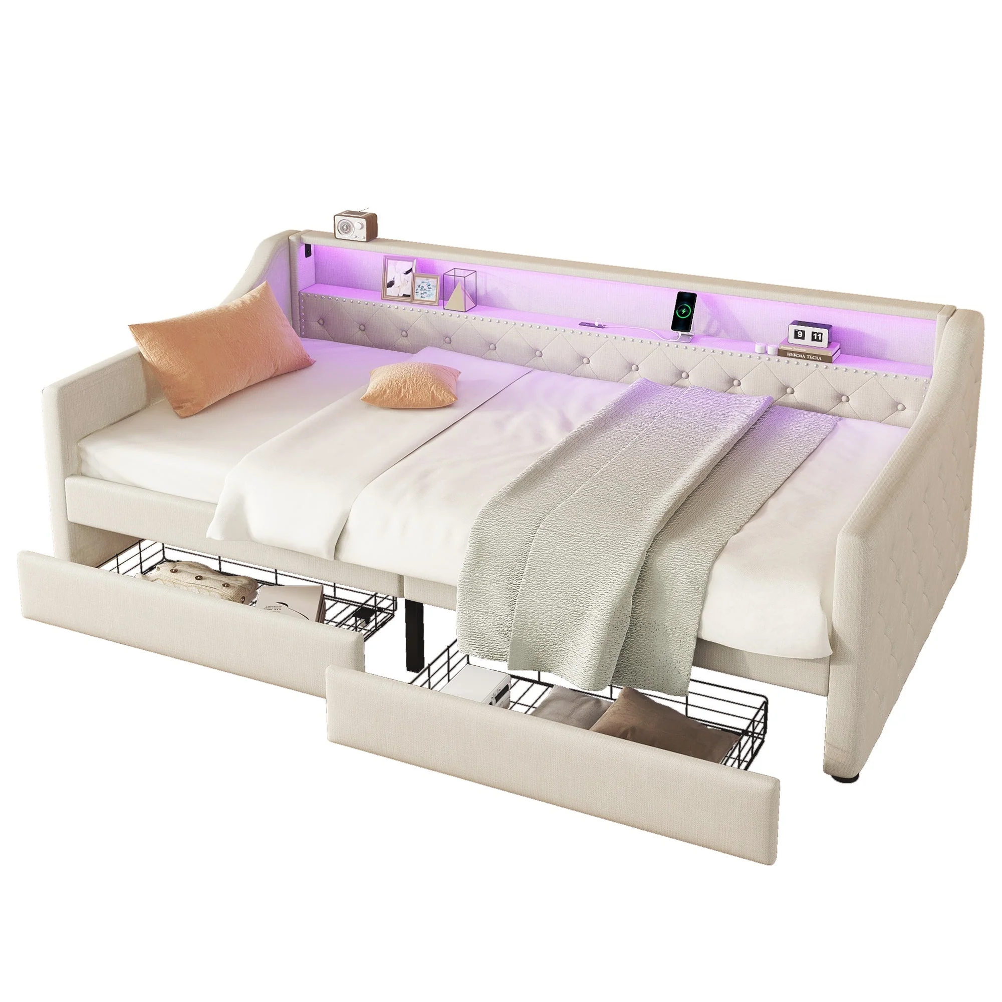 Daybed 90x200cm Ambient Light 2 Drawers USB - Linen Beige - Image 8