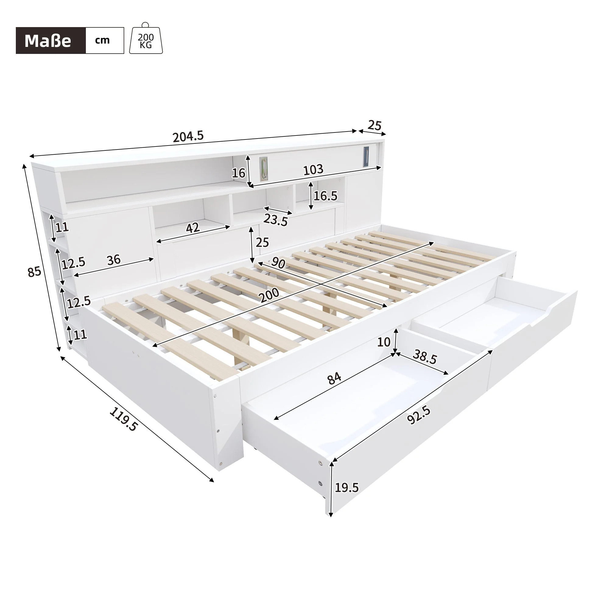 Daybed Single Bed 90x200cm Multifunctional Drawers Bookshelf Storage - White - Image 4