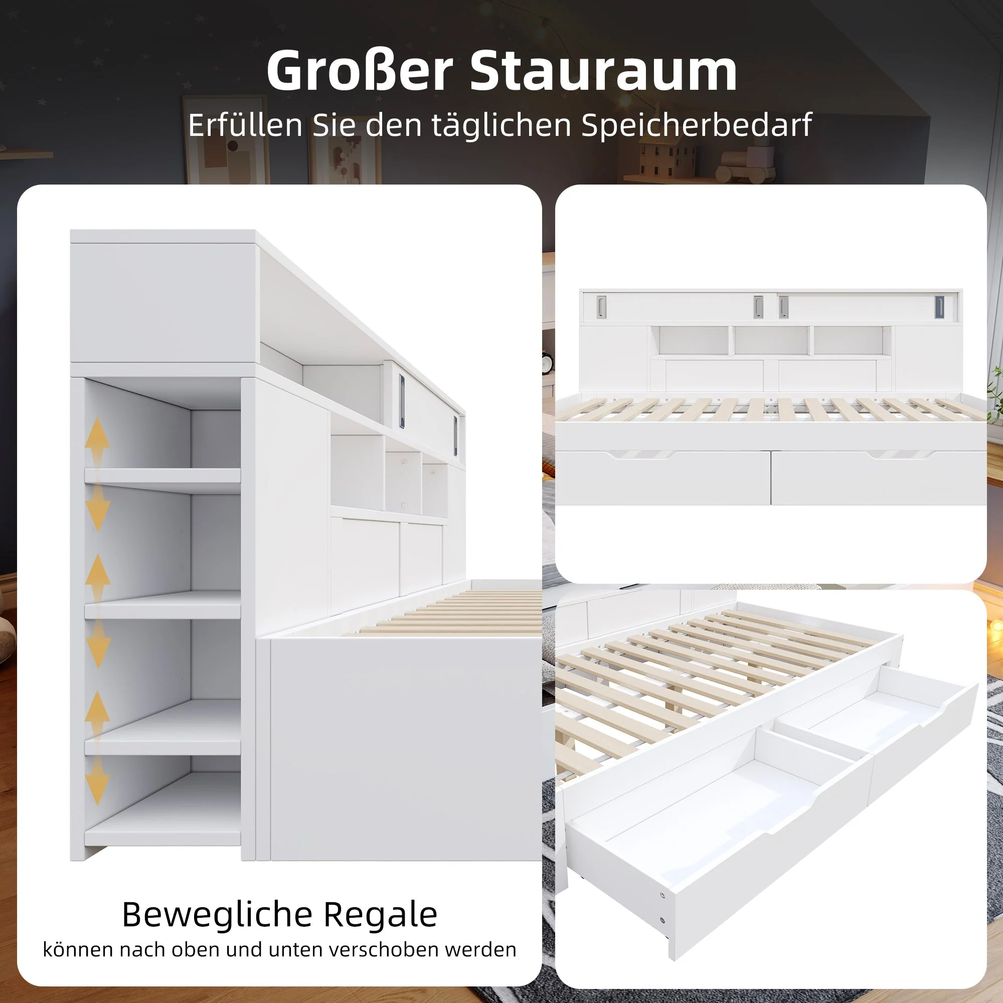 Daybed Single Bed 90x200cm Multifunctional Drawers Bookshelf Storage - White - Image 7