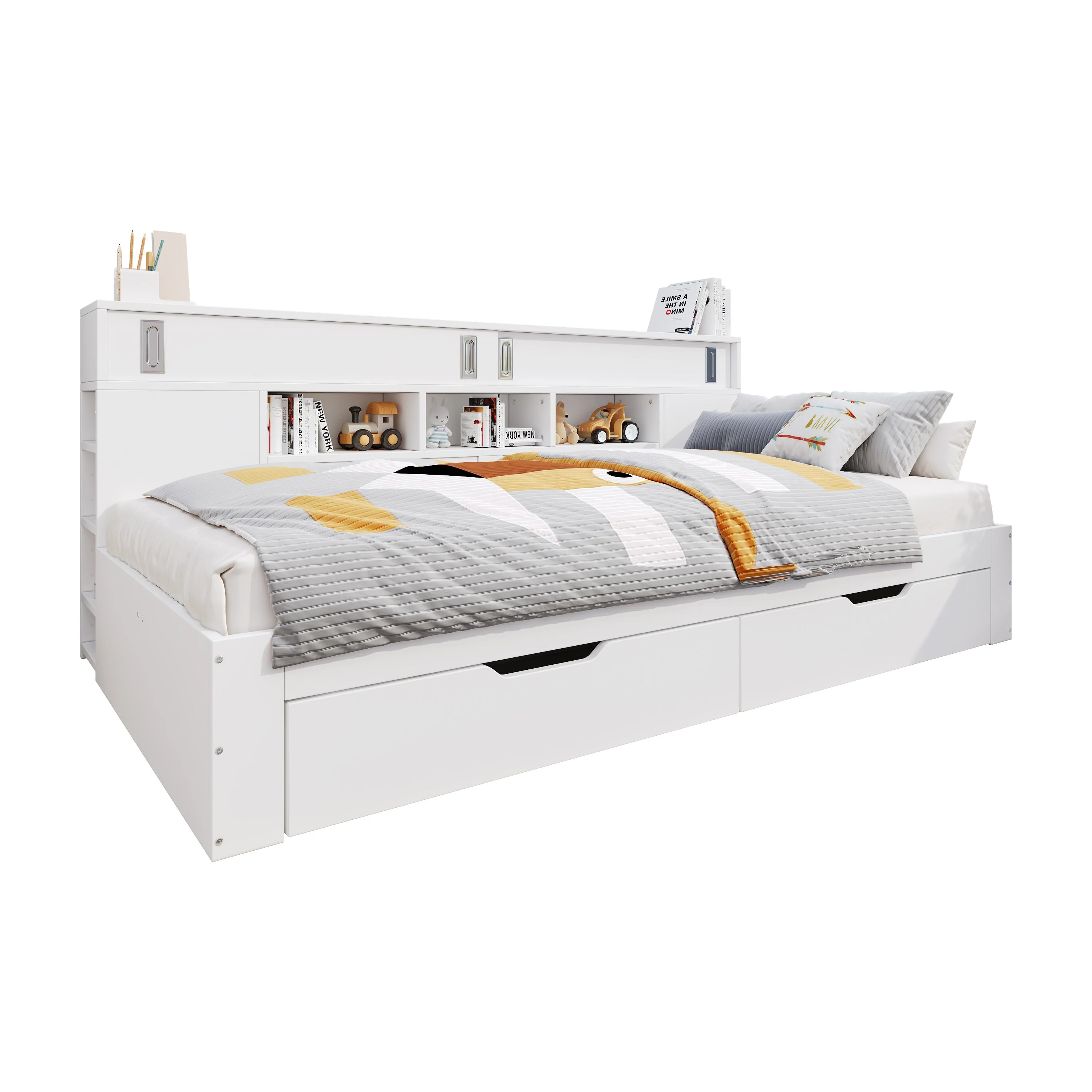 Daybed Single Bed 90x200cm Multifunctional Drawers Bookshelf Storage - White - Image 9