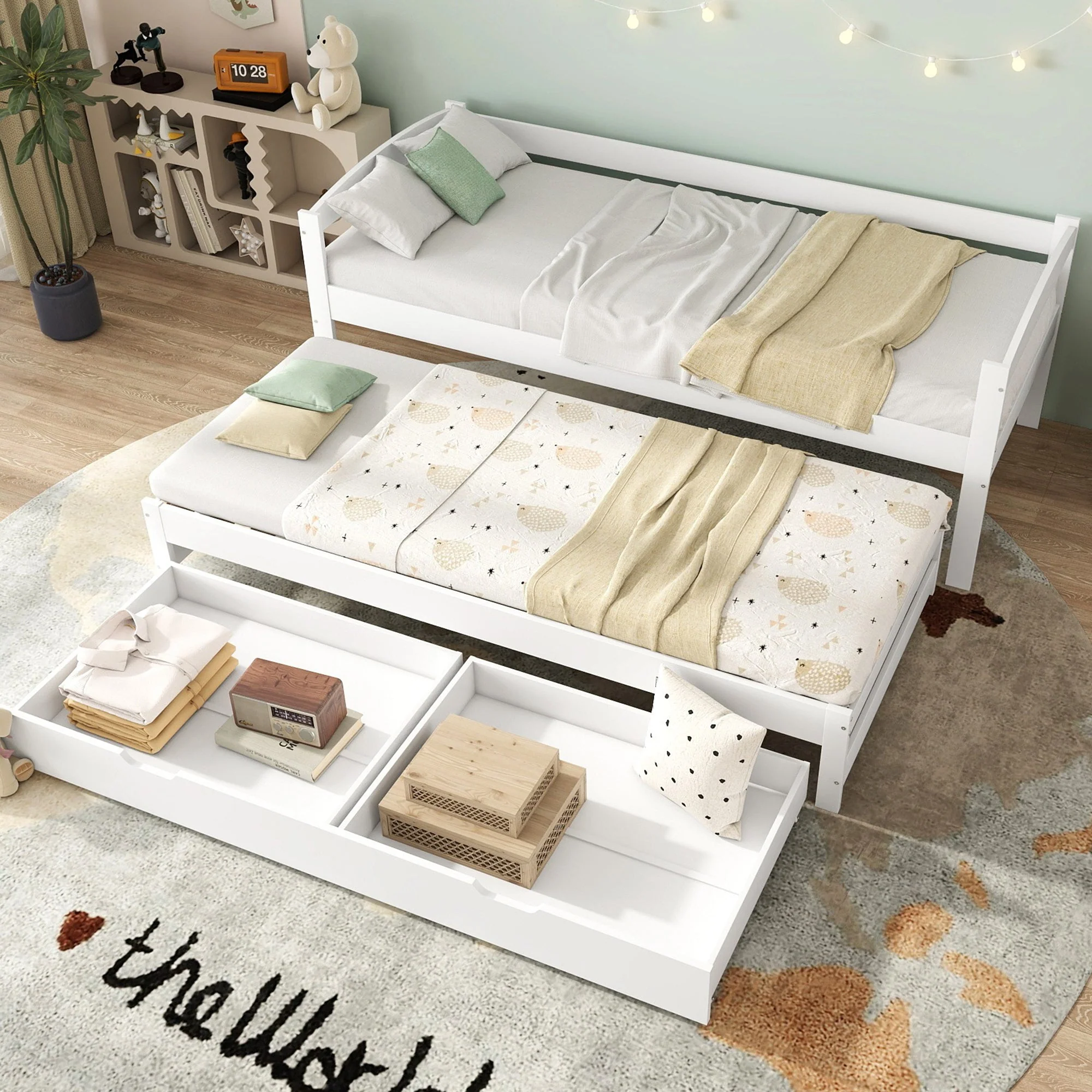 Daybed Single/Double Sliding Bed with 2 MDF Drawers, Solid Wood Frame, White - Image 5