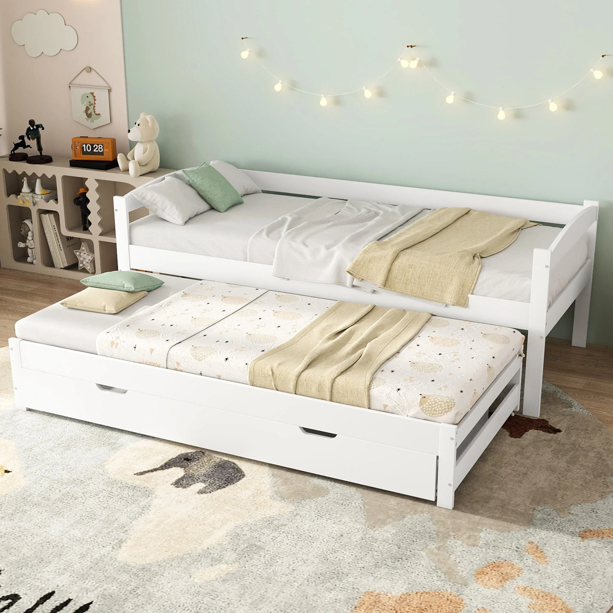 Daybed Single/Double Sliding Bed with 2 MDF Drawers, Solid Wood Frame, White - Image 6