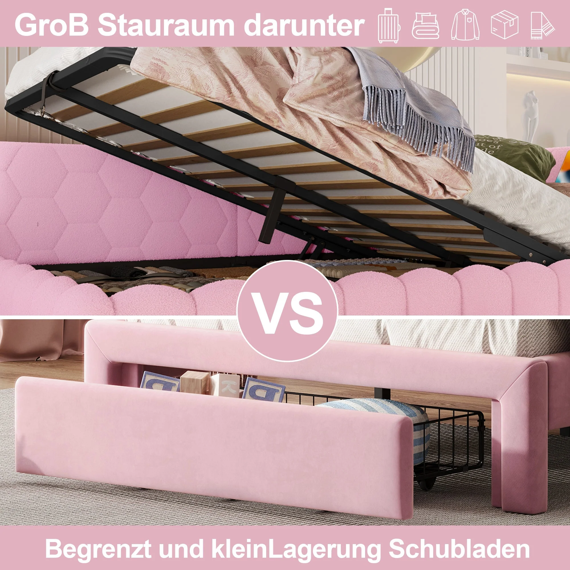Daybed Sofa Bed 140x200cm Hydraulic Storage LED USB/Type-C - Imitation Fleece Pink - Image 3