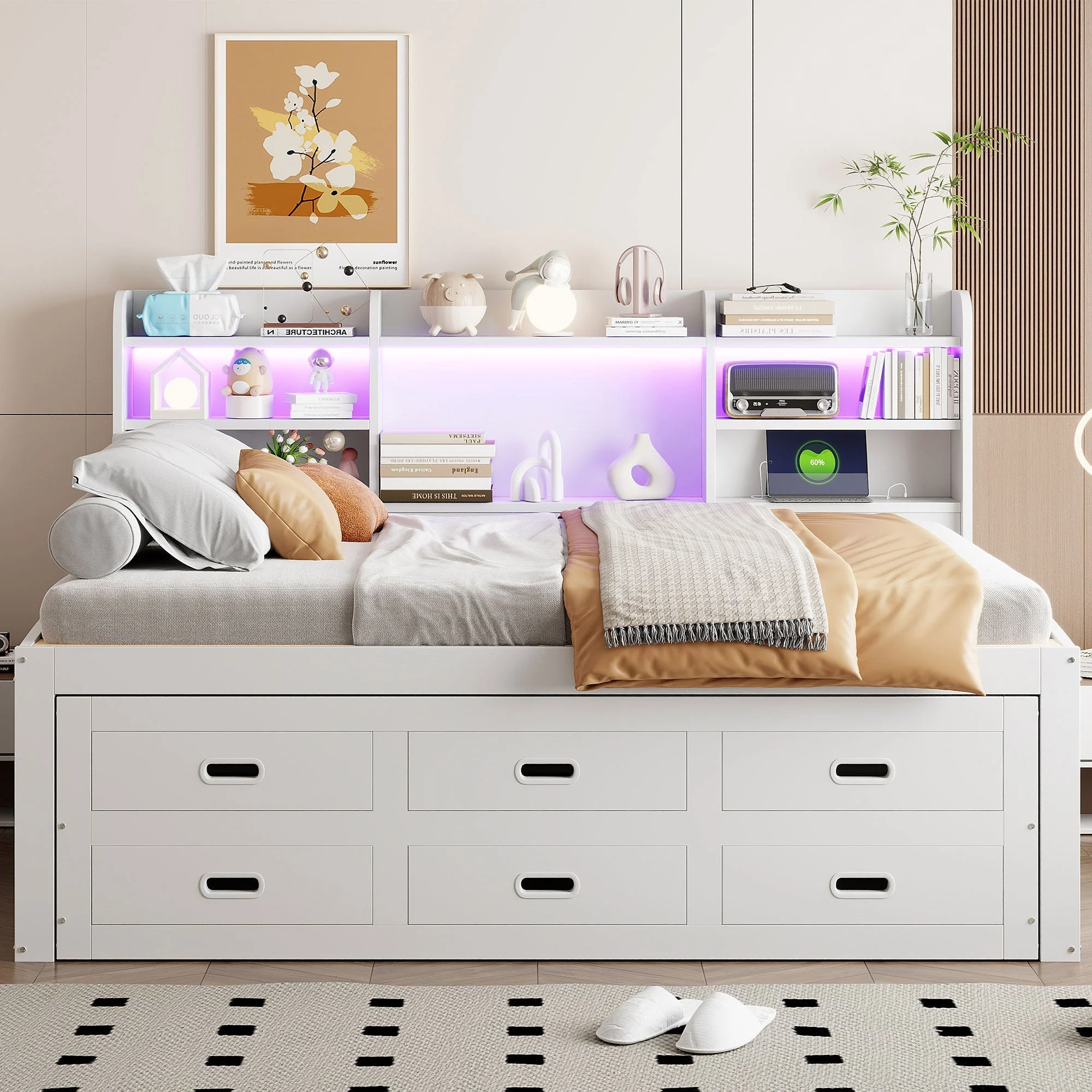 Daybed Sofa Bed 140x200cm Multifunctional Extendable with LED Lights 3 Drawers USB/Type-C White - Image 6